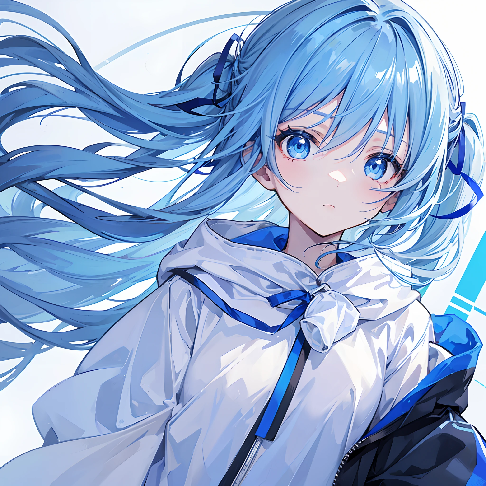 1girl, with light blue hair and blue eyes, wearing a hair ribbon and a blue and white hoodie. The scene is set in winter, with the girl looking directly at the viewer. This image can be used as a profile picture.