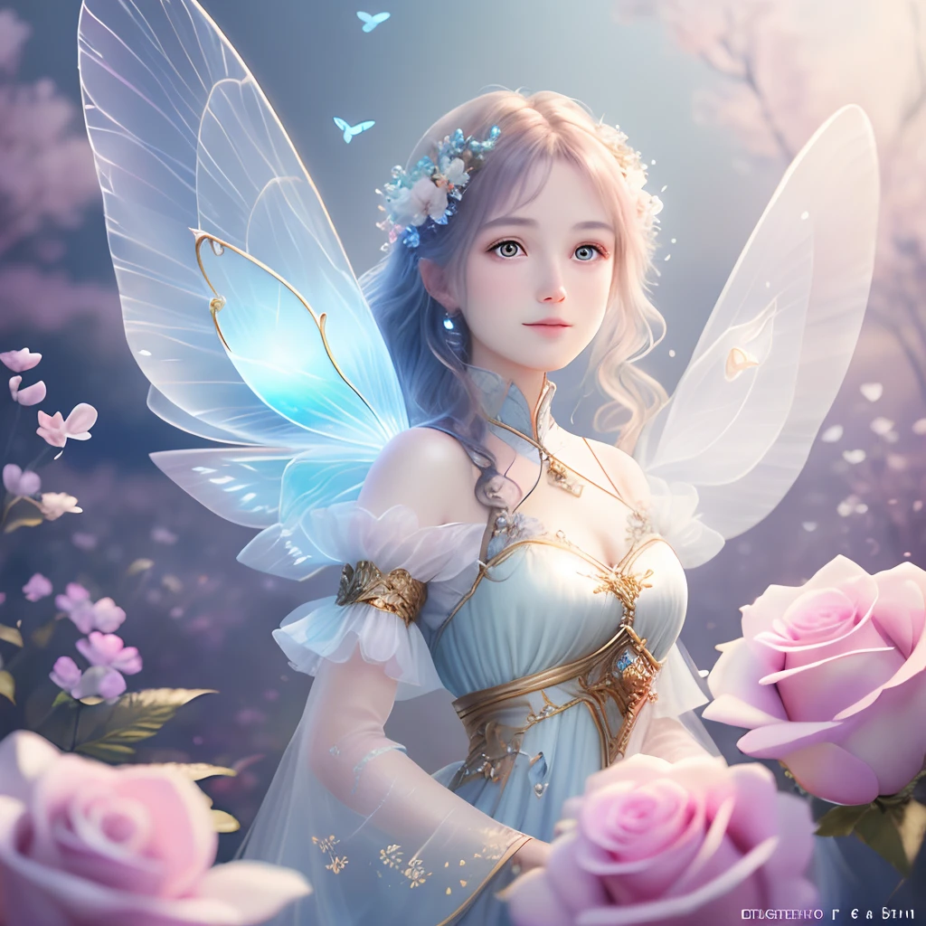 1 moon,Beautiful transparent flower fairy , Transparent colorful wings, The wand flutters in the wind、The wand flashed with starlight,Golden wand,Beautiful blue sky and white clouds、Girls have transparent wings、kindly smile、Beautiful garden background、Gentle and transparent,anatomy correct, Delicate pattern,Pink rose space, Soft lighting, ( Bokeh),Masterpiece, Super detailed, Epic composition, Highest quality, 8K,Epic romantic fantasy digital art,Epic fairy tale fantasy digital art,Mythological fantasy,UHD resolution,Detailed detail drawing,realisticlying,Very realistic,cinmatic lighting,an award winning photograph,rich colours,hyper realistic lifelike texture,dramatic lighting
