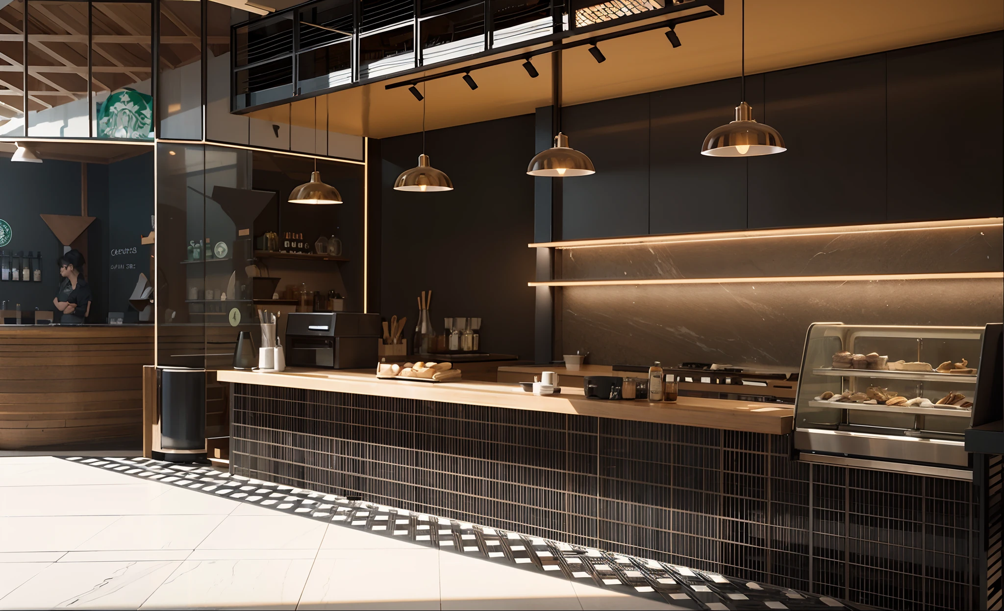 there is a rendering of a kitchen with a counter and a bar, 2 d render, illustrated starbucks interior, cafe interior, an illustration of a bar/lounge, render, comprehensive 2 d render, detailed an empty jazz cafe, conceptual rendering, digital rendering, photo render, detailed digital illustration, digital render, coffee shop, arnold rendering, commercial illustration, counter, rendering