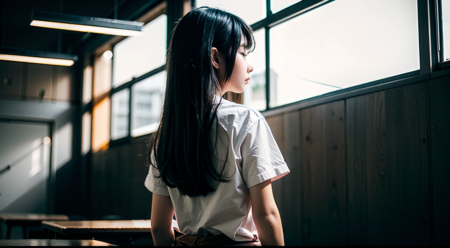 best qualtiy,Heads-up,A half body,Back shadow,female student,Black hair,Background secondary school