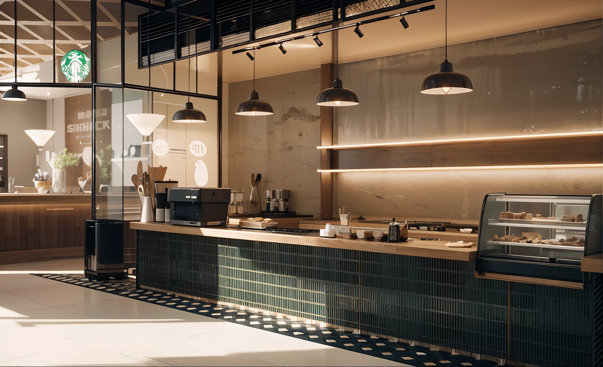 there is a rendering of a kitchen with a counter and a bar, 2 d render, illustrated starbucks interior, cafe interior, an illustration of a bar/lounge, render, comprehensive 2 d render, detailed an empty jazz cafe, conceptual rendering, digital rendering, photo render, detailed digital illustration, digital render, coffee shop, arnold rendering, commercial illustration, counter, rendering
