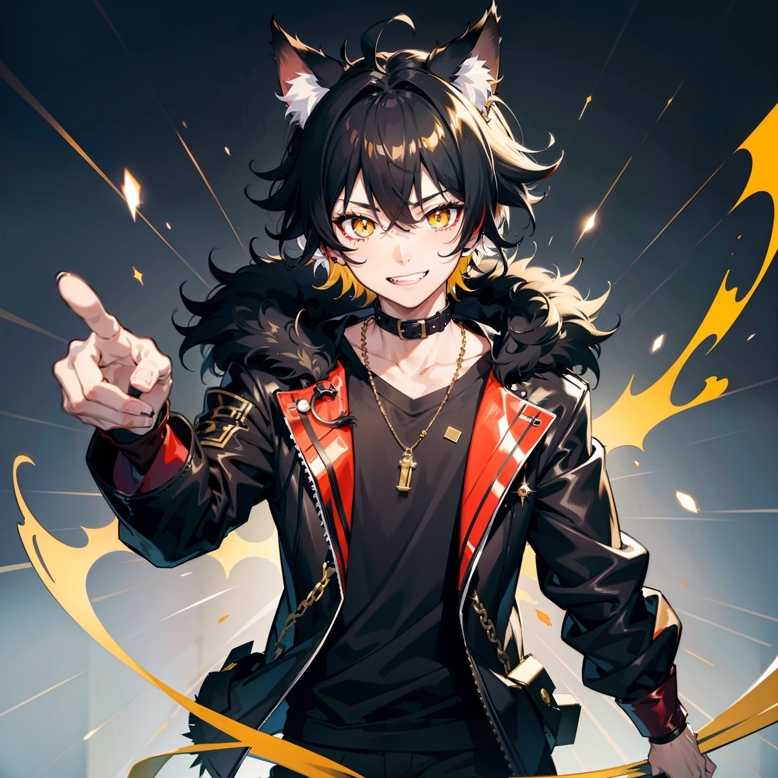 ultra detailed, best quality, finely detail, anime boy, neko, 1 boy, male, black hair, short hair, messy spiky hair, volumous messy hair, black fur jacket, black clothes, cat ears, animal ears, black feline tail, black shorts, smile, relaxed expression, happy smile, anime smile, hood around the neck extremely large, white eyes, yellow pupils, extremely detailed eyes, red nose