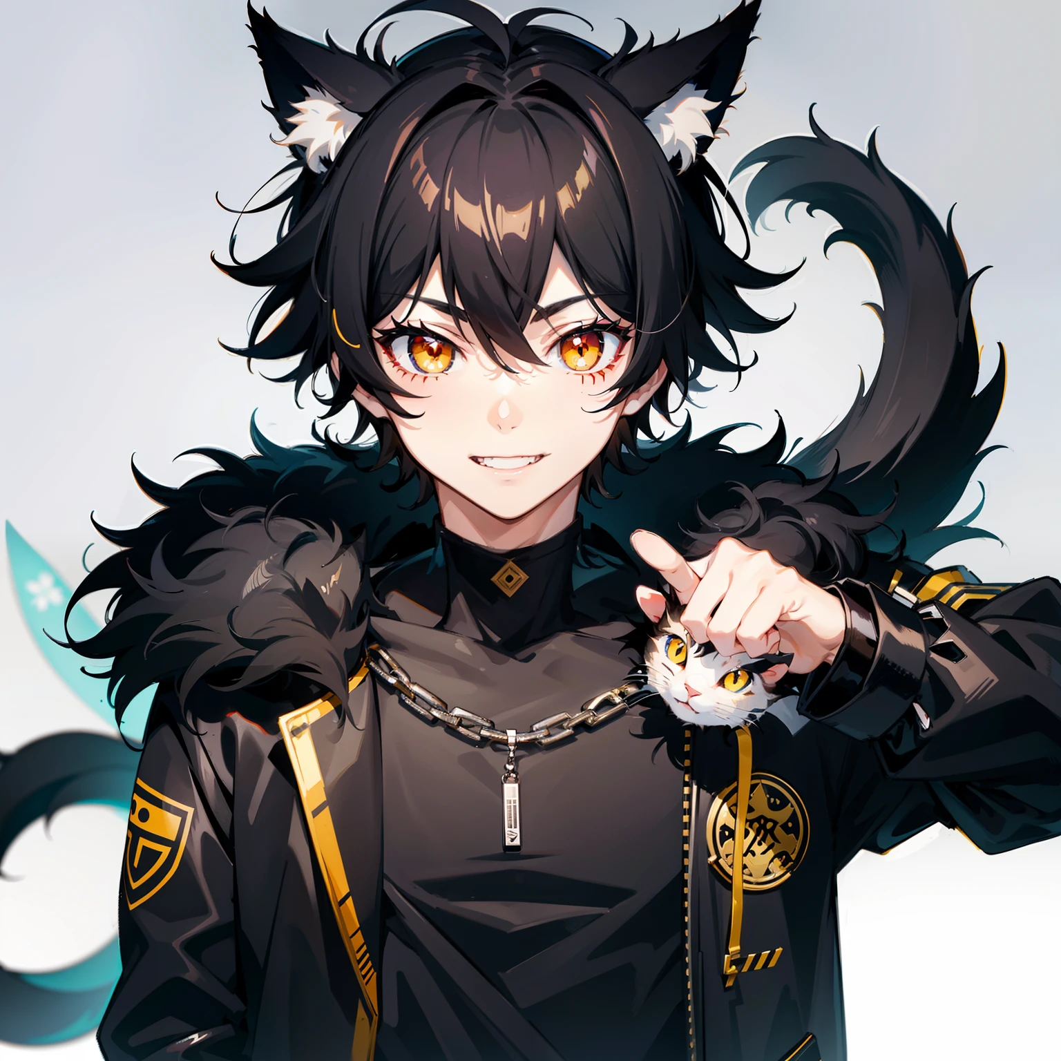 ultra detailed, best quality, finely detail, anime boy, neko, 1 boy, male, black hair, short hair, messy spiky hair, volumous messy hair, black fur jacket, black clothes, cat ears, animal ears, black feline tail, black shorts, smile, relaxed expression, happy smile, anime smile, hood around the neck extremely large, white eyes, yellow pupils, extremely detailed eyes, red nose