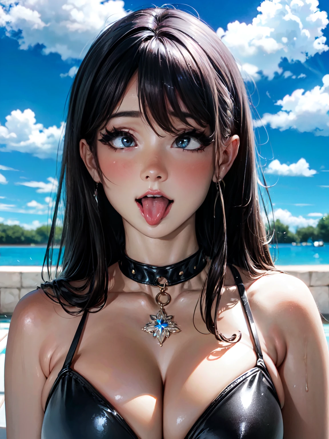 ((masutepiece+Best Quality+High resolution+Illustration 1.3+Ultra-8k)), 1girl in, ((Detailed body)) ((alluring face)), bikinigirl, Swimming pool,(Ahegao:1.5)、sticking out the tongue、red blush、full of shyness、Fantasy clouds, Cloudy background, Detailed body,shorth hair,Brown eyes、 Sharp eyes, Detailed eyes, Shadow, Lighting, Detailed, Focus, earrings, HND Details