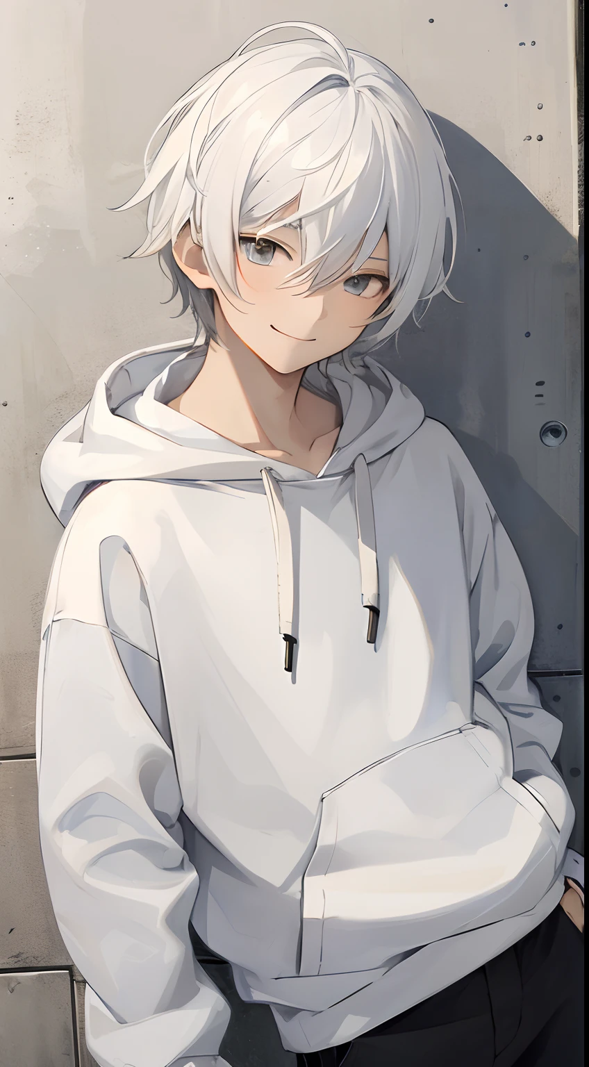 (​masterpiece、top-quality、hightquality)、1 juvenile、a 15 year old boy、(A smile))Look at viewers、white  hair、Straight Hair Medium、fluffy hair、grey  eyes、White hoodie、Black pants、dynamic ungle、lean against the wall