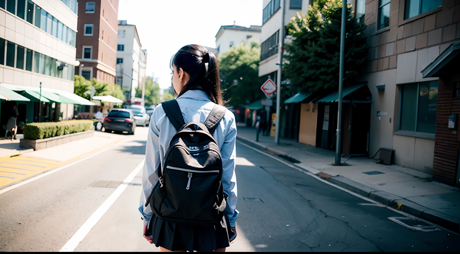 Masterpiece, realistic, hd, 1 girl, wear white shirt, short sleeves, wear denim minipants, wear sneakers, standing, fullbody, wearing  school backpack, (school backpack:1.2), daytime, sunlight, park