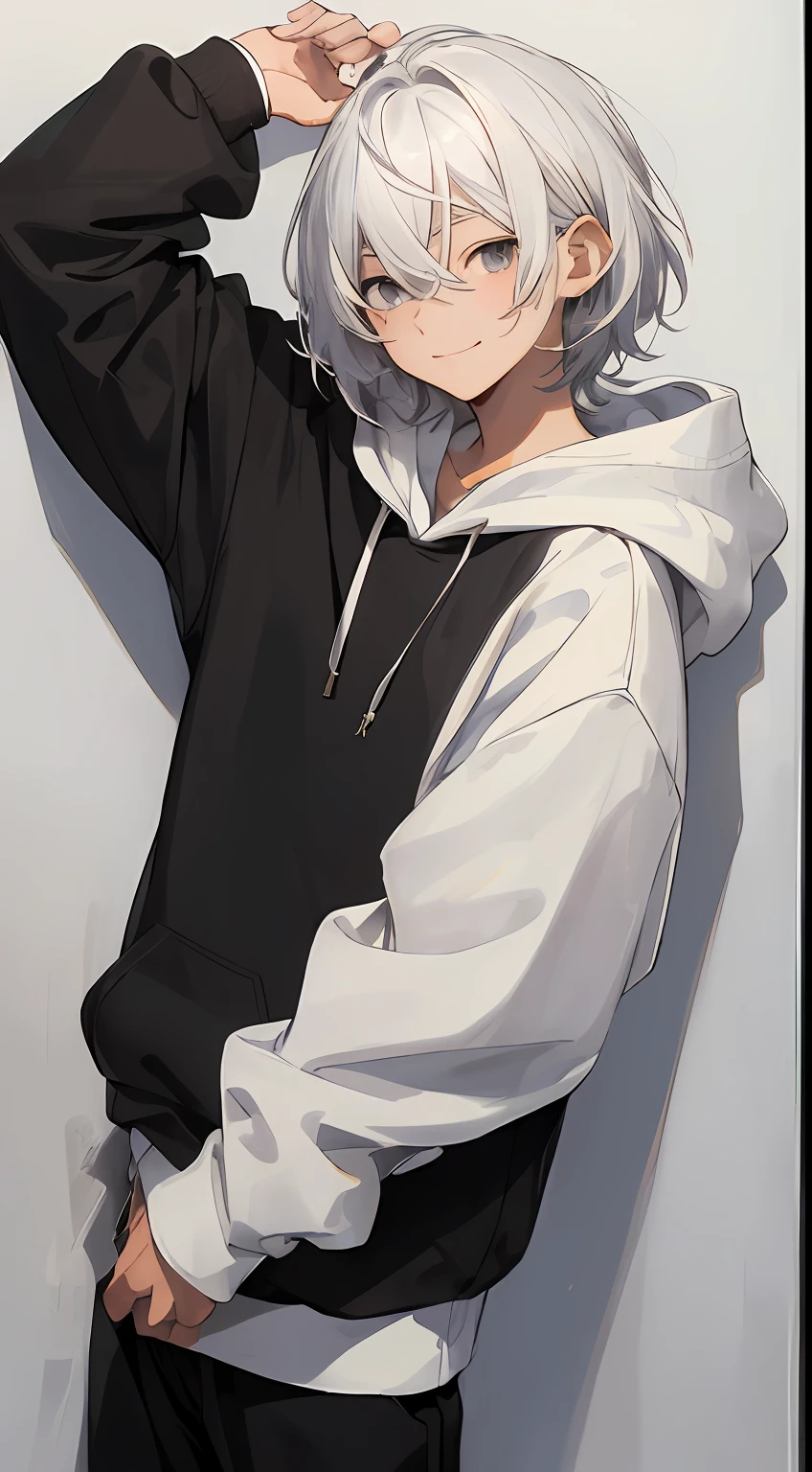 (​masterpiece、top-quality、hightquality)、1 juvenile、a 15 year old boy、(A smile))Look at viewers、white  hair、Straight Hair Medium、fluffy hair、grey  eyes、White hoodie、Black pants、dynamic ungle、lean against the wall