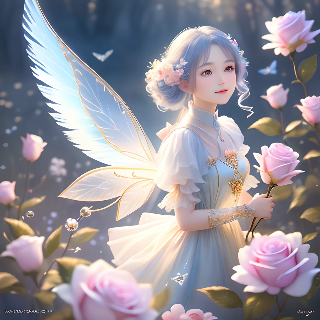 1 moon，Beautiful transparent flower fairy baby, Transparent colorful wings, The wand flutters in the wind､The wand flashed with starlight，Golden wand，Beautiful blue sky and white clouds、Girls have transparent wings､kindly smile､Beautiful garden background､Gentle and transparent，anatomy correct, Delicate pattern，Pink rose space, Soft lighting, ( Bokeh)，Masterpiece, Super detailed, Epic composition, Highest quality, 8K，Epic romantic fantasy digital art，Epic fairy tale fantasy digital art，Mythological fantasy，UHD resolution，Detailed detail drawing，realisticlying，Very realistic，cinmatic lighting,an award winning photograph,rich colours，hyper realistic lifelike texture，dramatic  lighting
