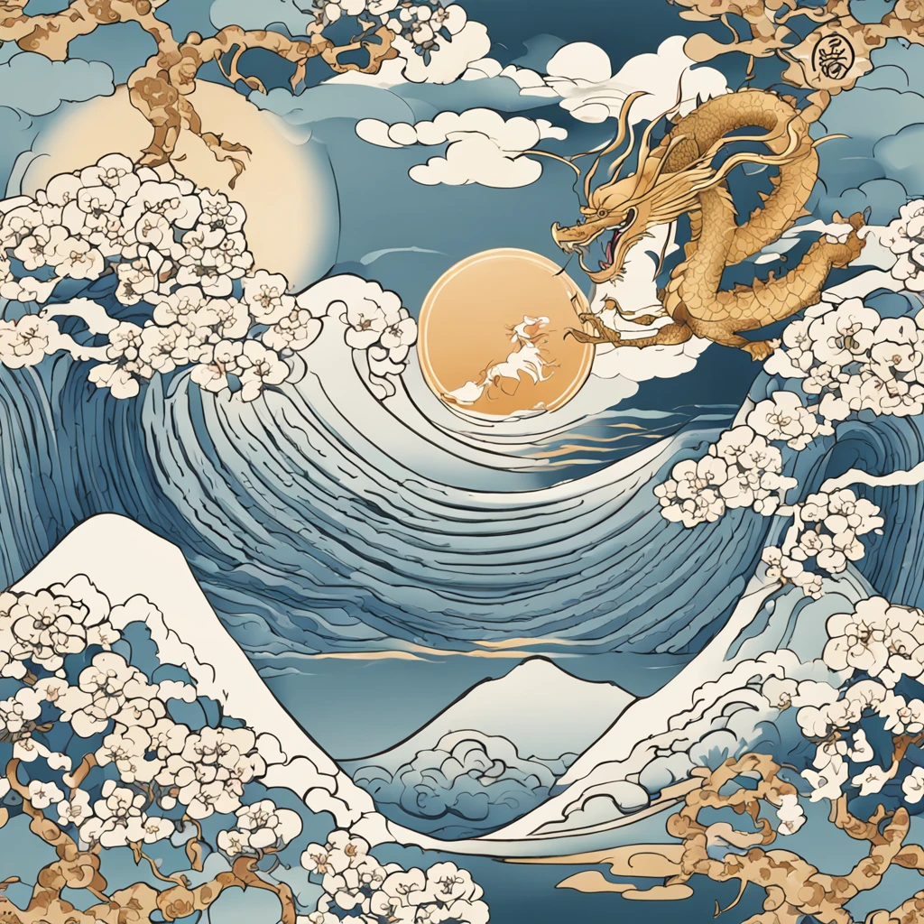 "Envision an enchanting wallpaper pattern composed of a rhythmic arrangement of iconic Japanese symbols, each adding a layer of cultural depth and significance.

The delicate sakura blossom, symbolizing renewal and fleeting beauty, is interspersed among intricate '卍' (manji) symbols, representing harmony, eternity, and the cycle of life.

Mystical 'Dragon' (ryu) dragons coil gracefully amidst swirling clouds, embodying power, transformation, and protection. The torii gate stands resolute, marking the transition from the secular to the sacred.

Elegant kanji characters '愛' (ai) for love, 'Courage' (yuuki) for courage, and 'Peace' (heiwa) for peace, seamlessly integrate into the design, adding profound meaning.

A tranquil pond reflects the moon's serene glow, adorned with '鶴' (tsuru) cranes, symbols of longevity and good fortune. Beneath the surface, 'Sea' (umi) waves ebb and flow, representing life's constant changes.

Bamboo shoots, a representation of resilience and growth, rise gracefully amid the composition. Lanterns sway gently, casting warm illumination and symbolizing guidance.

The color palette harmonizes deep indigos, tranquil blues, and soft whites, creating a sense of serenity and reverence. This intricate wallpaper pattern is a visual journey through the layers of Japanese symbolism, inviting you to immerse yourself in their wisdom and beauty."
