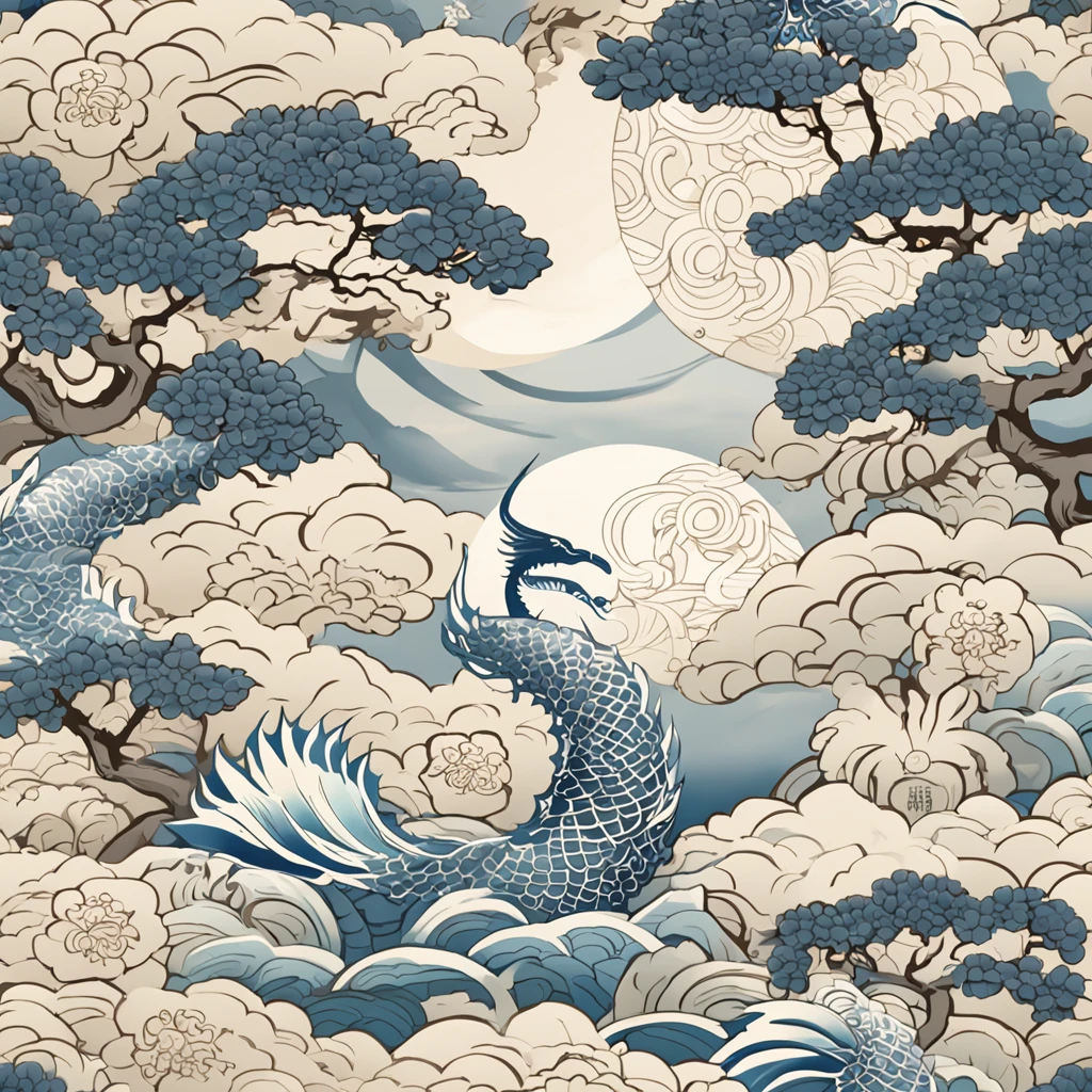 "Envision an enchanting wallpaper pattern composed of a rhythmic arrangement of iconic Japanese symbols, each adding a layer of cultural depth and significance.

The delicate sakura blossom, symbolizing renewal and fleeting beauty, is interspersed among intricate '卍' (manji) symbols, representing harmony, eternity, and the cycle of life.

Mystical 'Dragon' (ryu) dragons coil gracefully amidst swirling clouds, embodying power, transformation, and protection. The torii gate stands resolute, marking the transition from the secular to the sacred.

Elegant kanji characters '愛' (ai) for love, 'Courage' (yuuki) for courage, and 'Peace' (heiwa) for peace, seamlessly integrate into the design, adding profound meaning.

A tranquil pond reflects the moon's serene glow, adorned with '鶴' (tsuru) cranes, symbols of longevity and good fortune. Beneath the surface, 'Sea' (umi) waves ebb and flow, representing life's constant changes.

Bamboo shoots, a representation of resilience and growth, rise gracefully amid the composition. Lanterns sway gently, casting warm illumination and symbolizing guidance.

The color palette harmonizes deep indigos, tranquil blues, and soft whites, creating a sense of serenity and reverence. This intricate wallpaper pattern is a visual journey through the layers of Japanese symbolism, inviting you to immerse yourself in their wisdom and beauty."