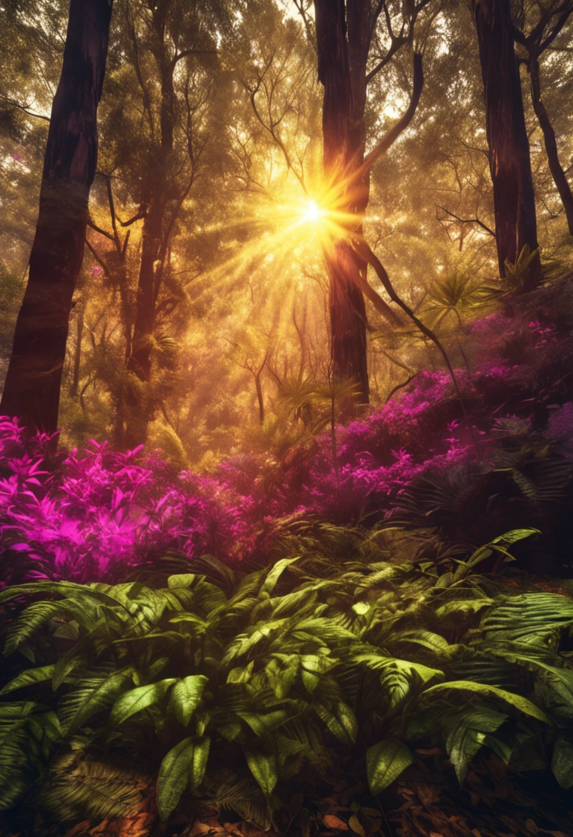 imagem ultra realista. 16k. cores vibrantes. Raios de luz penetrando na floresta.