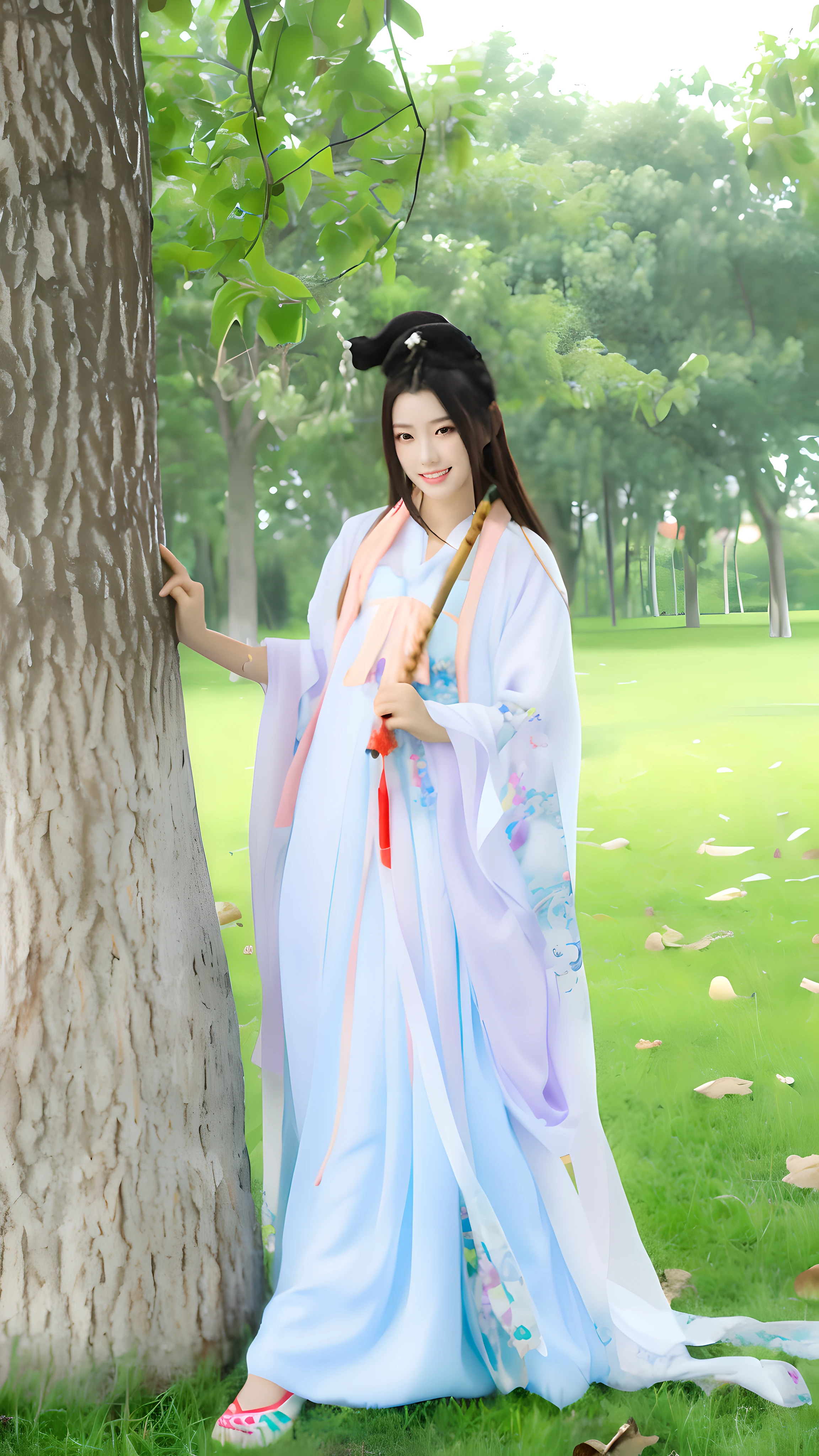 ((tmasterpiece：1.4)),Real records，Cinematic lighting effects，Woman leaning against tree in blue and white dress, A girl in Hanfu, full-body xianxia, White Hanfu, Hanfu, flowing magical robe, with acient chinese clothes, Chinese costume, Wearing ancient Chinese clothes, Traditional Chinese clothing, Inspired by Lan Ying, Princesa chinesa antiga, Flowing robes, xianxia fantasy, China Princess，8K,Nikon D850 shot，wide lens shot，