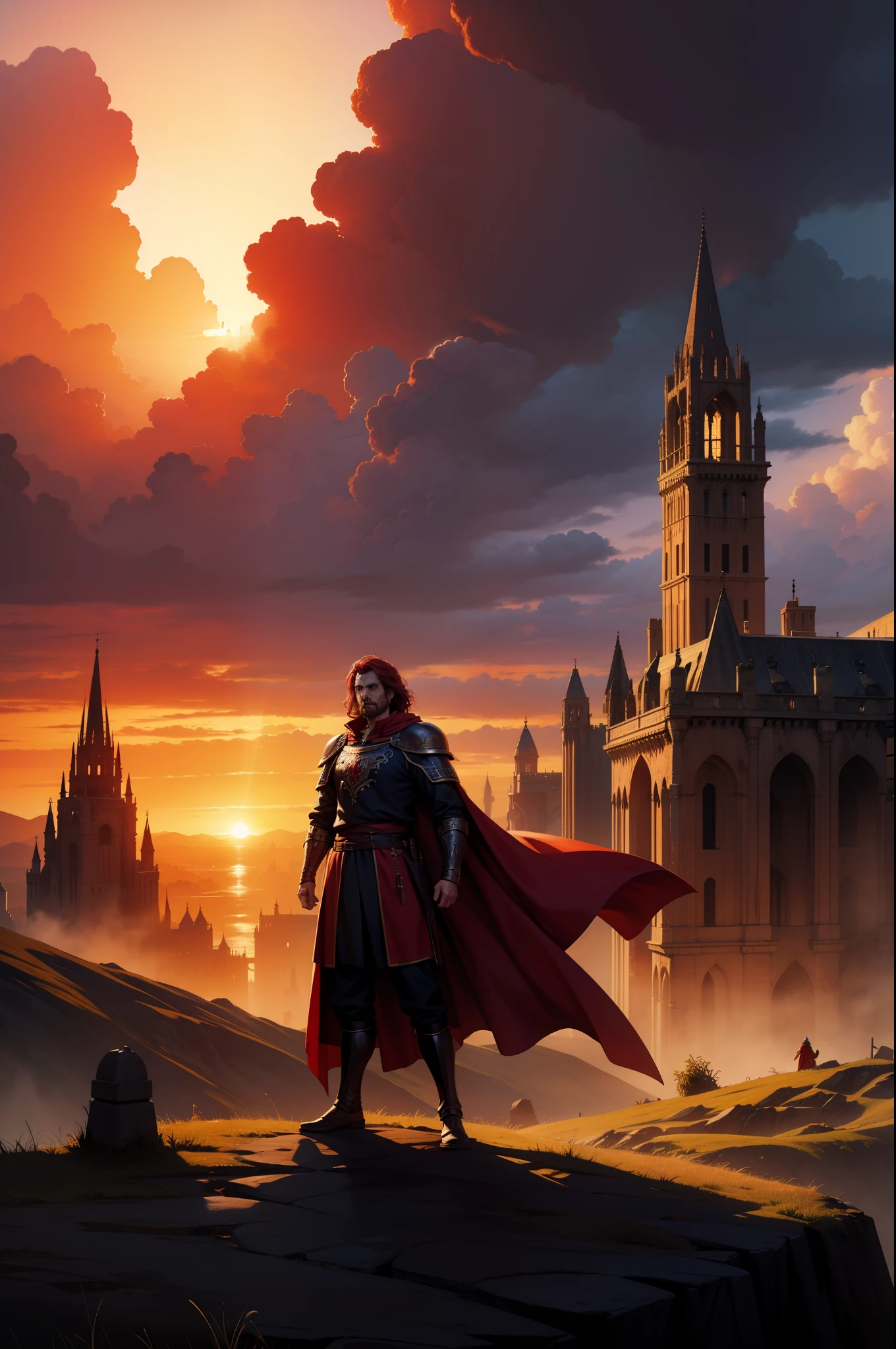 Dois personagens guerreiros, entardecer, 8k, magnifica, poderoso, magia, Mantos, sangue, Cidade medieval, dramatic scene, Colors of Gothic armor, sky with many clouds, Magnificent, tunic, Long, flowing red cape