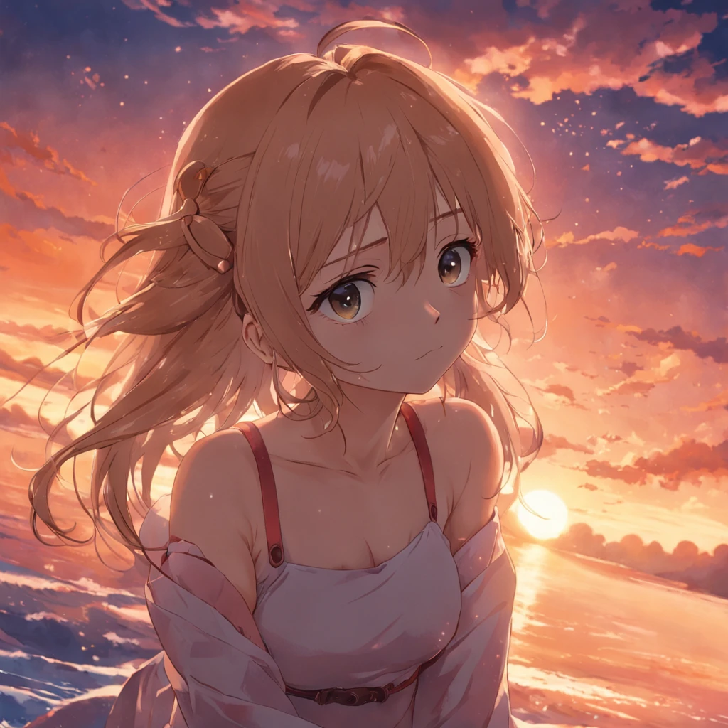 tmasterpiece,best qualtiy,cinematic Film still from,1girl,裸露的女生,Floating in the sky,closeup cleavage,brightly,cheerfulness,Warm and soft lighting,the sunset,(spark of light:0.7)