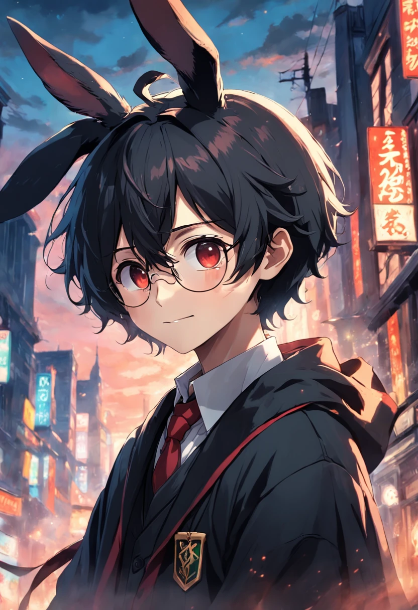 harry potter, guy, black hair, tousled, green eyes, wear glasses, pale, smile, child, white shirt, black coat, cute, red tie, black bunny ears