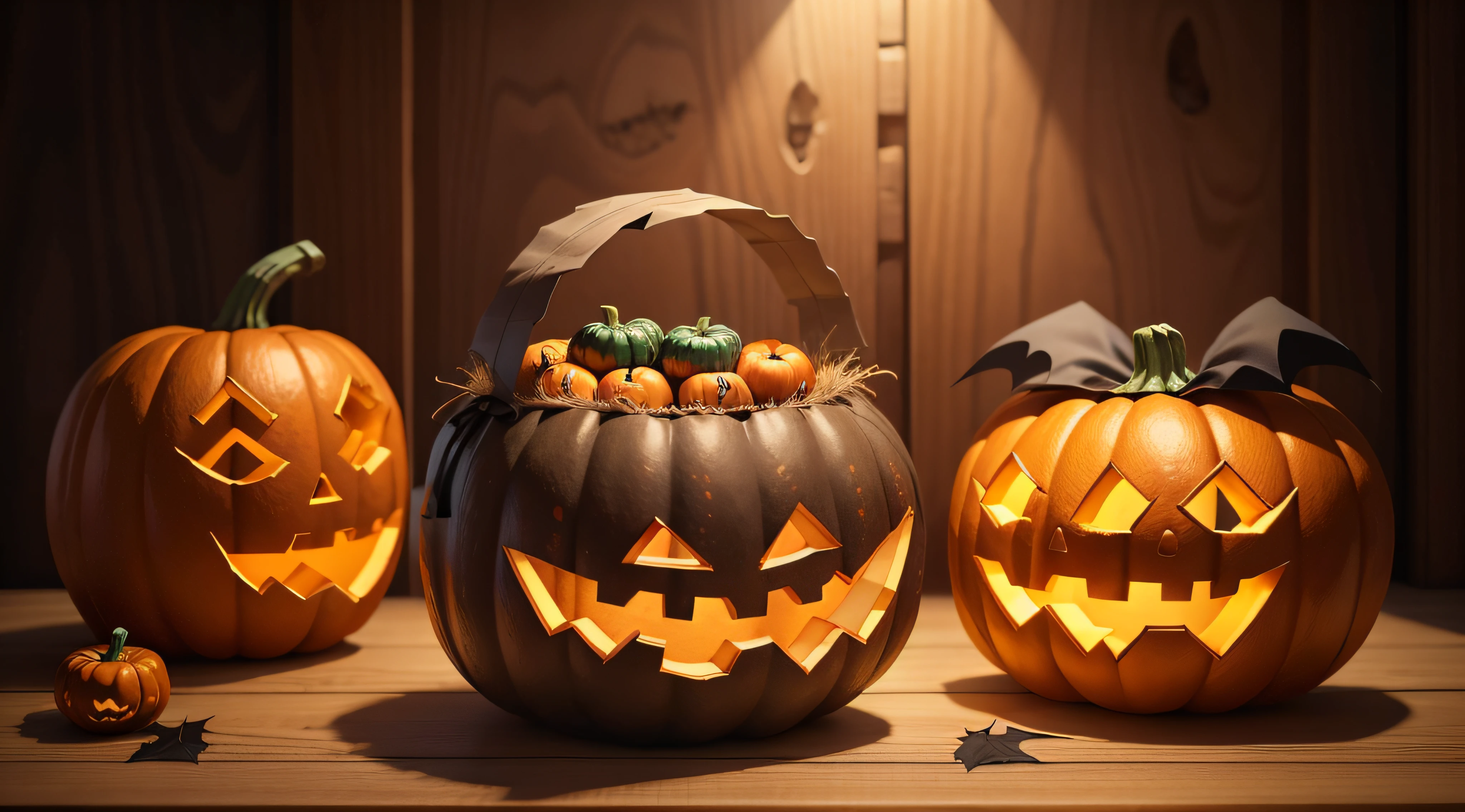 Real pumpkin for Halloween day, spider decorations, bat, Halloween holiday, blank sign for advertising, high quality, Halloween candy basket
