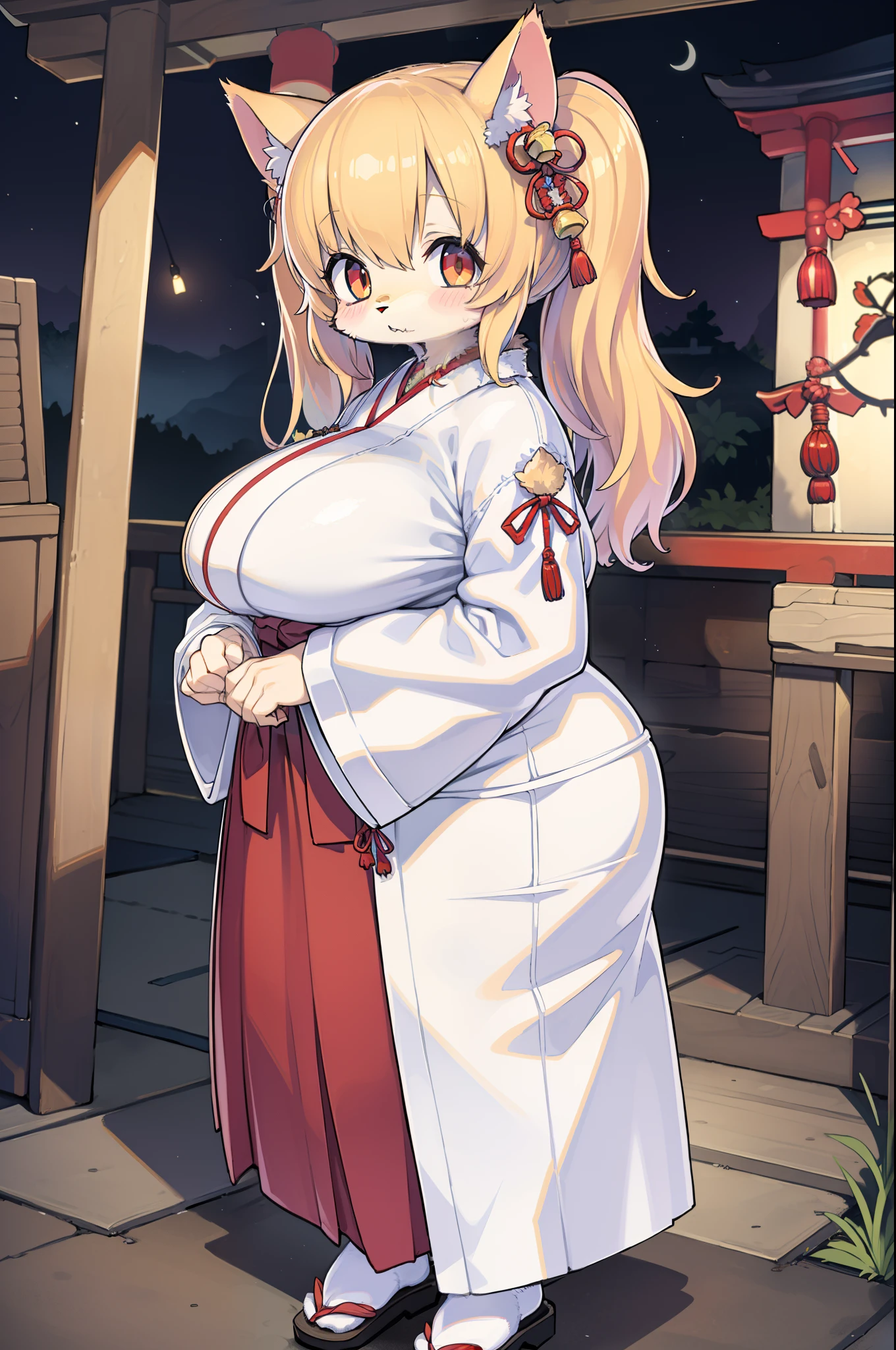 Cat lady、body covered with fur、huge-breasted、kawaii、shrine maiden、Japan white clothes,Red Hakama、torii gate