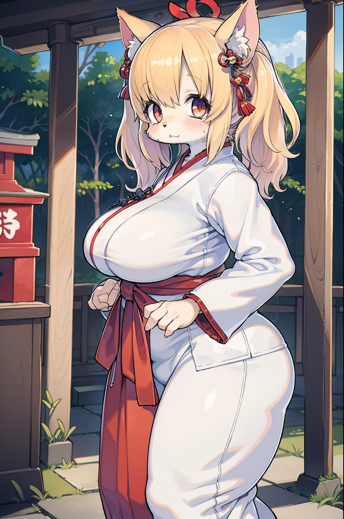 Cat lady、body covered with fur、huge-breasted、kawaii、shrine maiden、Japan white clothes,Red Hakama、torii gate