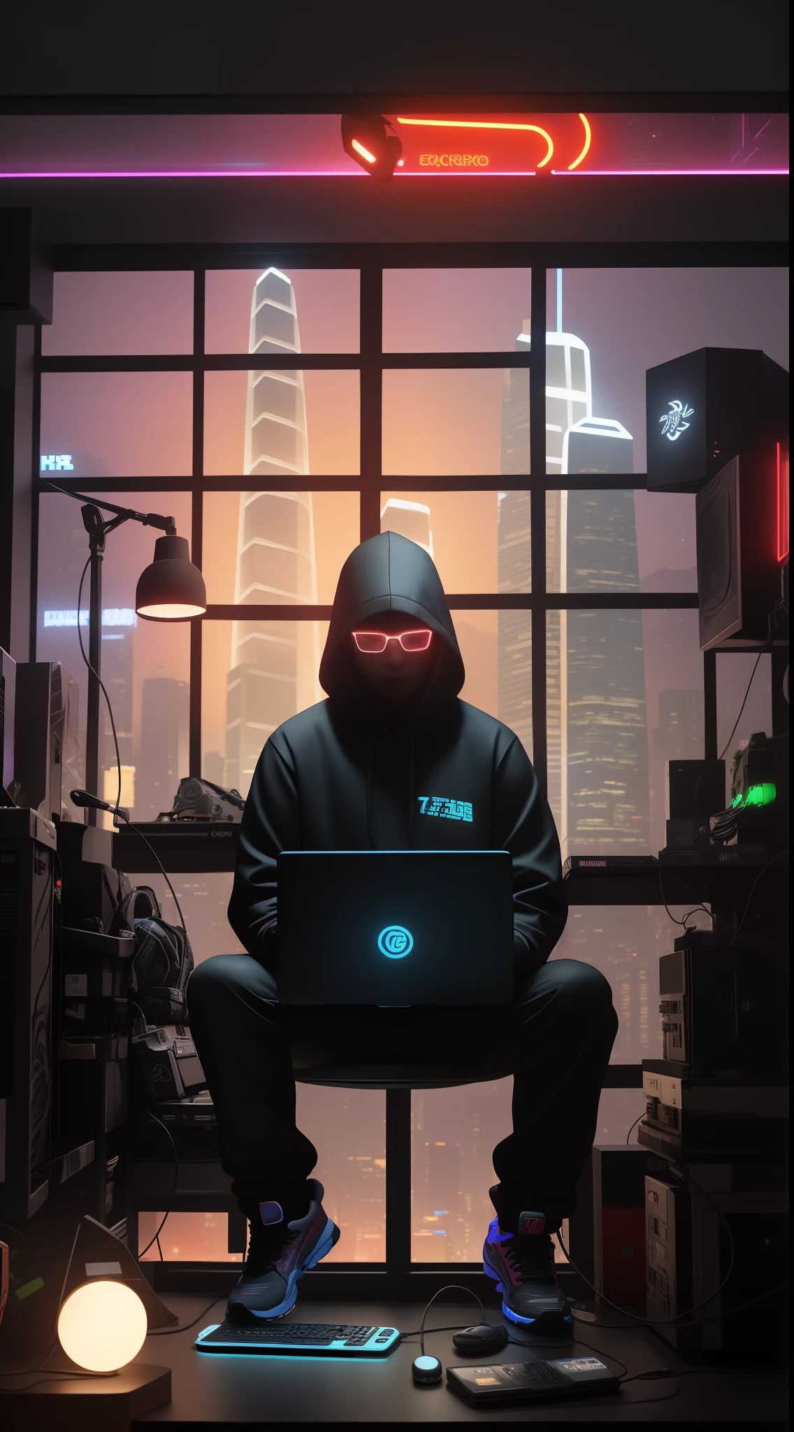 Create a tall 9:16 portrait style image. The upper half will feature additional illustrations related to gaming and technology.In the lower half, a stylish Hong Kong gammer sits behind his laptop in his studio during the night. He's wearing a dark-colored hoodie with the hood covering his head and black glasses. The studio lit by the soft glow of the neon theme, The gammer is looking straight into the camera. To his side, a professional microphone on a stand, ready to be used. The studio's decor is cyber punk, gaming style and neon theme, with a nighttime cityscape visible through a window, the glow of neon-themed buildings of Hong Kong against a dark night sky visible in the background. The overall ambiance of the image should convey a sense of dedication, creativity, and connection to AI technology. hyper realistic, highly detail, 4K