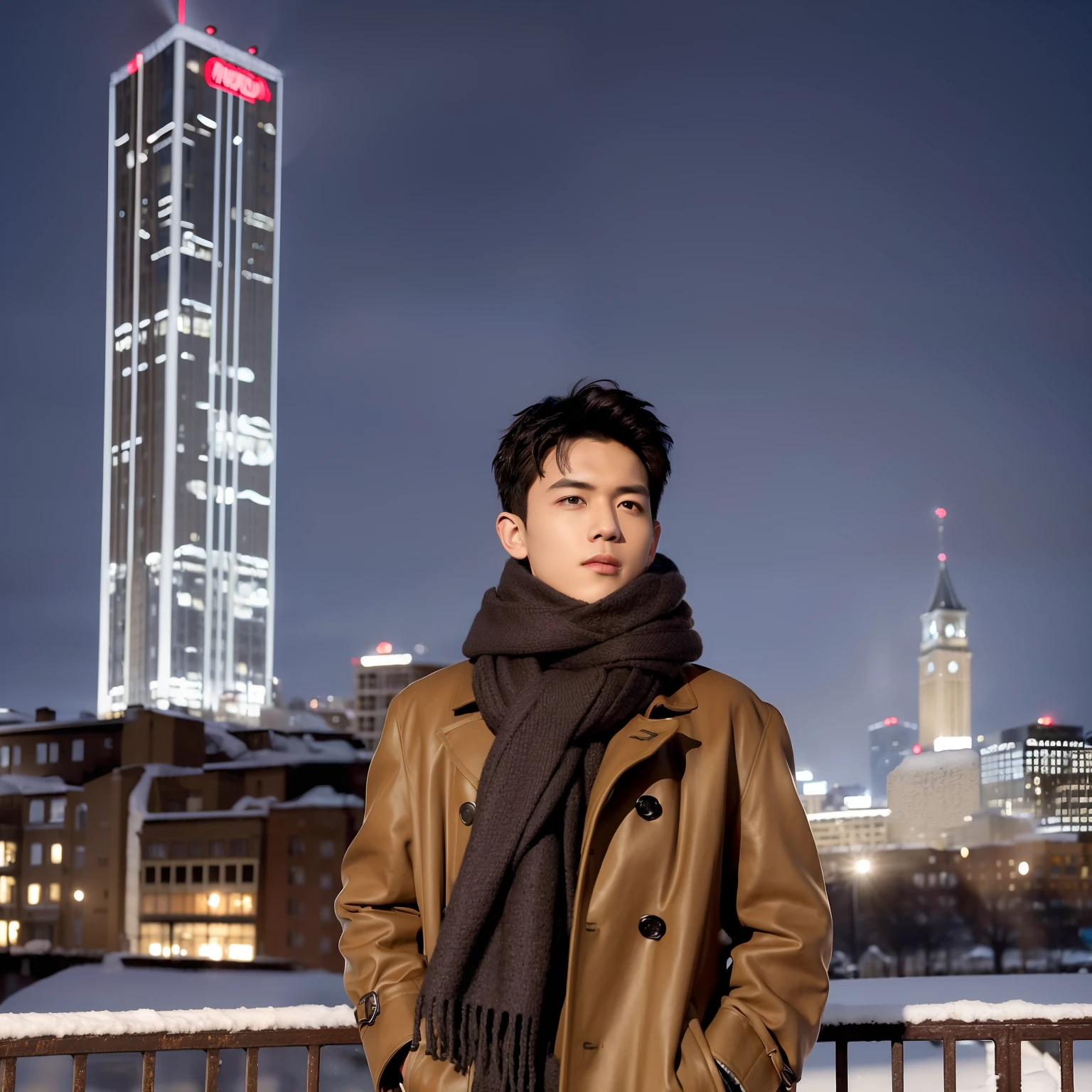 Best Quality, masutepiece, (Photorealistic:1.4), 1boy, Solo, Short hair, Big eyes, Brown coat,scarf, ((Upper body:1.3)), Dramatic Lighting, Looking at Viewer, Standing, Outdoors, Snow, Cityscape, A city scape, Buildings,no clothe