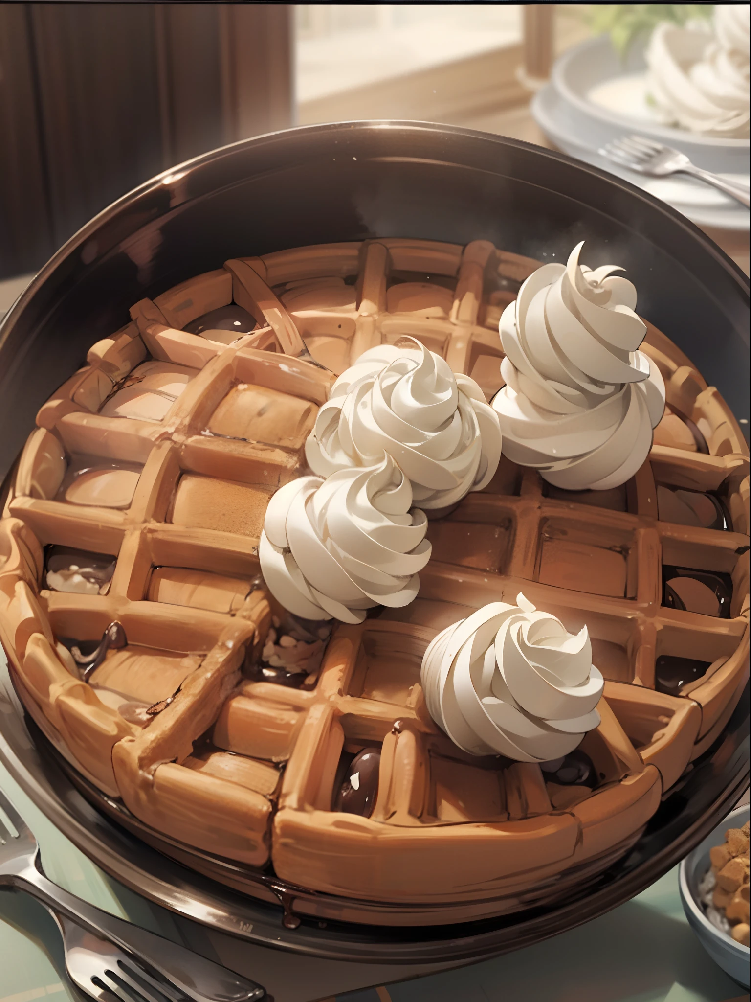 Beautiful waffle, whipped cream,honey, serving in a beautiful silver tray, with a fork, whole pie one slice is beside the place,small white