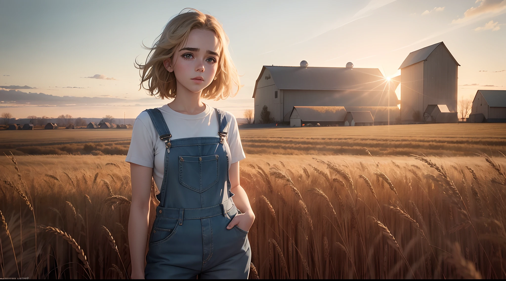 gorgeous woman ("kiernan shipka"), behind view, pale shinny skin, in a wheat field farm, overalls only, no shirt, warm light, ray tracing, backlighting, UHD, anatomically correct, textured skin, super detail, award winning, masterpiece, 8k, best quality