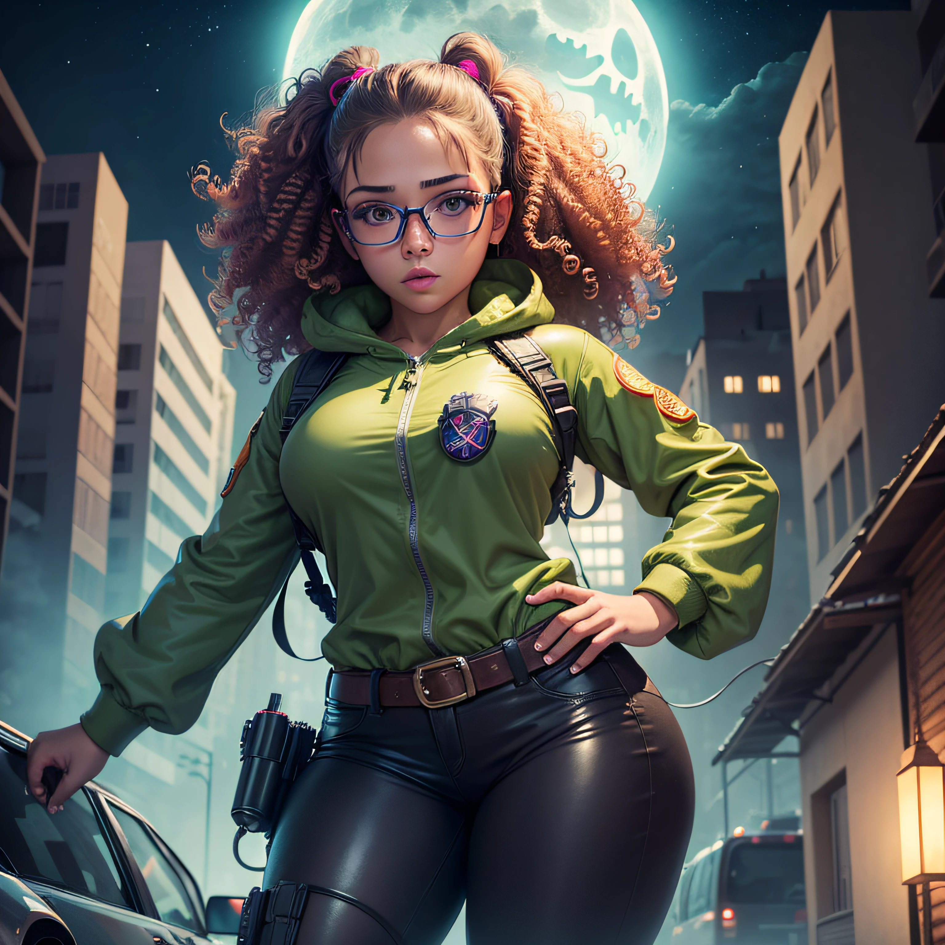 (Highest picture quality) 1girl, female ghostbuster, sexy, strong, slime, ghost, night time, moonlight, Ecto 1 vehicle, cute, realistic, tanned skin, curly hair, glasses,