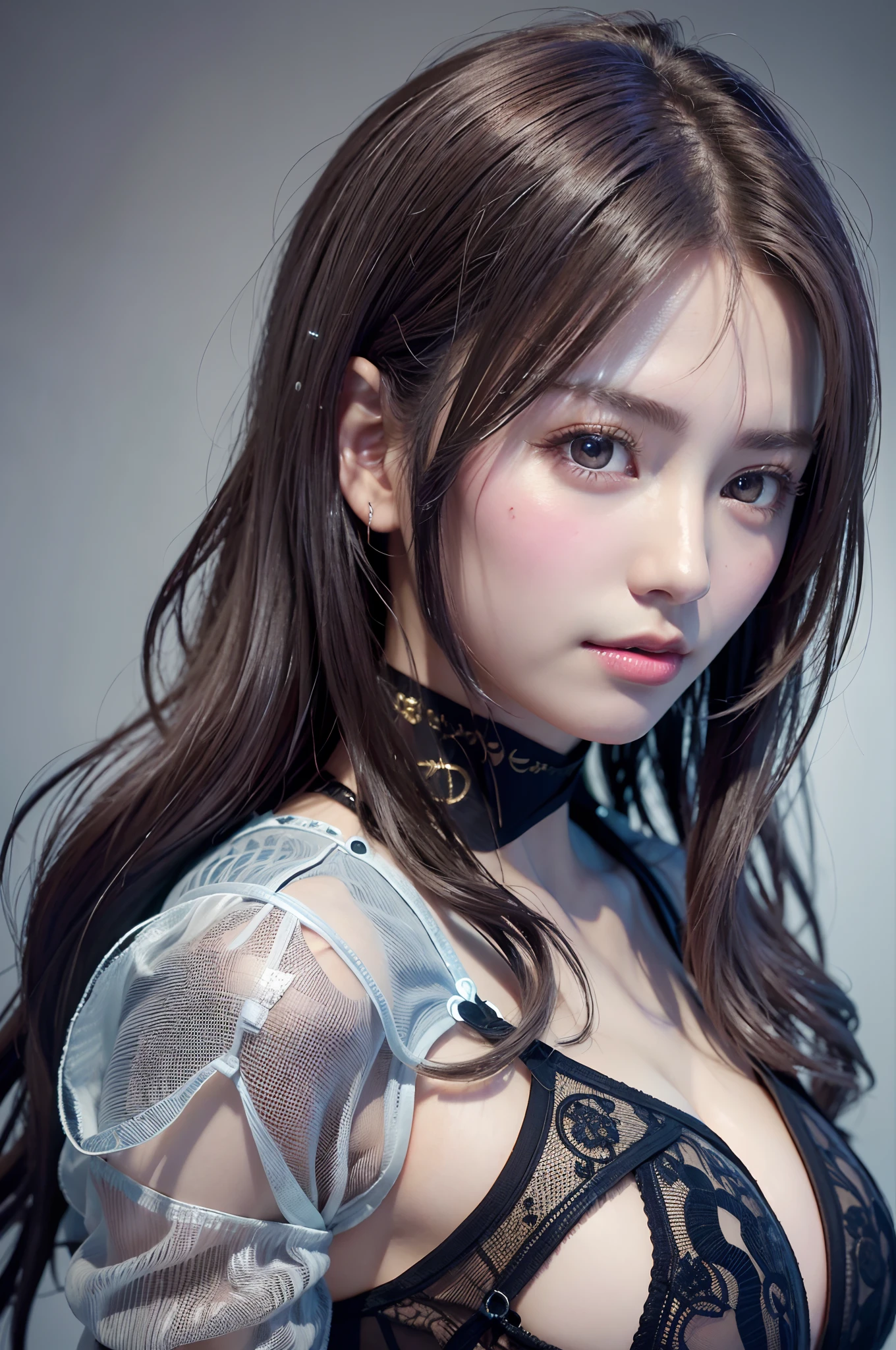 top-quality、8K Masterpiece、超A high resolution、(Photorealsitic:1.3)、Raw photo、女の子1人、silver white hair、glowy skin、1 Cyberpunk Super Beautiful Soldier、((super realistic details))、portlate、globalillumination、Shadow、octan render、8K、ultrasharp、beauty breast、Raw skin is exposed in cleavage、metals、cold color、、highly intricate detail、Realistic light、CGSoation Trends、Beautiful eyes、radiant eyes、Facing the camera、neon details、