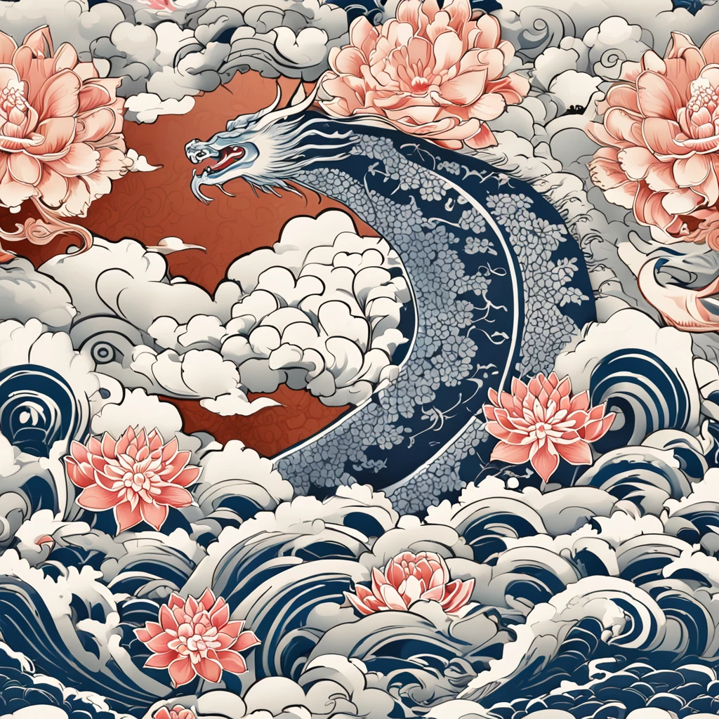 "Envision an enchanting wallpaper pattern composed of a rhythmic arrangement of iconic Japanese symbols, each adding a layer of cultural depth and significance.

The delicate sakura blossom, symbolizing renewal and fleeting beauty, is interspersed among intricate '卍' (manji) symbols, representing harmony, eternity, and the cycle of life.

Mystical 'Dragon' (ryu) dragons coil gracefully amidst swirling clouds, embodying power, transformation, and protection. The torii gate stands resolute, marking the transition from the secular to the sacred.

Elegant kanji characters '愛' (ai) for love, 'Courage' (yuuki) for courage, and 'Peace' (heiwa) for peace, seamlessly integrate into the design, adding profound meaning.

A tranquil pond reflects the moon's serene glow, adorned with '鶴' (tsuru) cranes, symbols of longevity and good fortune. Beneath the surface, 'Sea' (umi) waves ebb and flow, representing life's constant changes.

Bamboo shoots, a representation of resilience and growth, rise gracefully amid the composition. Lanterns sway gently, casting warm illumination and symbolizing guidance.

The color palette harmonizes deep indigos, tranquil blues, and soft whites, creating a sense of serenity and reverence. This intricate wallpaper pattern is a visual journey through the layers of Japanese symbolism, inviting you to immerse yourself in their wisdom and beauty."