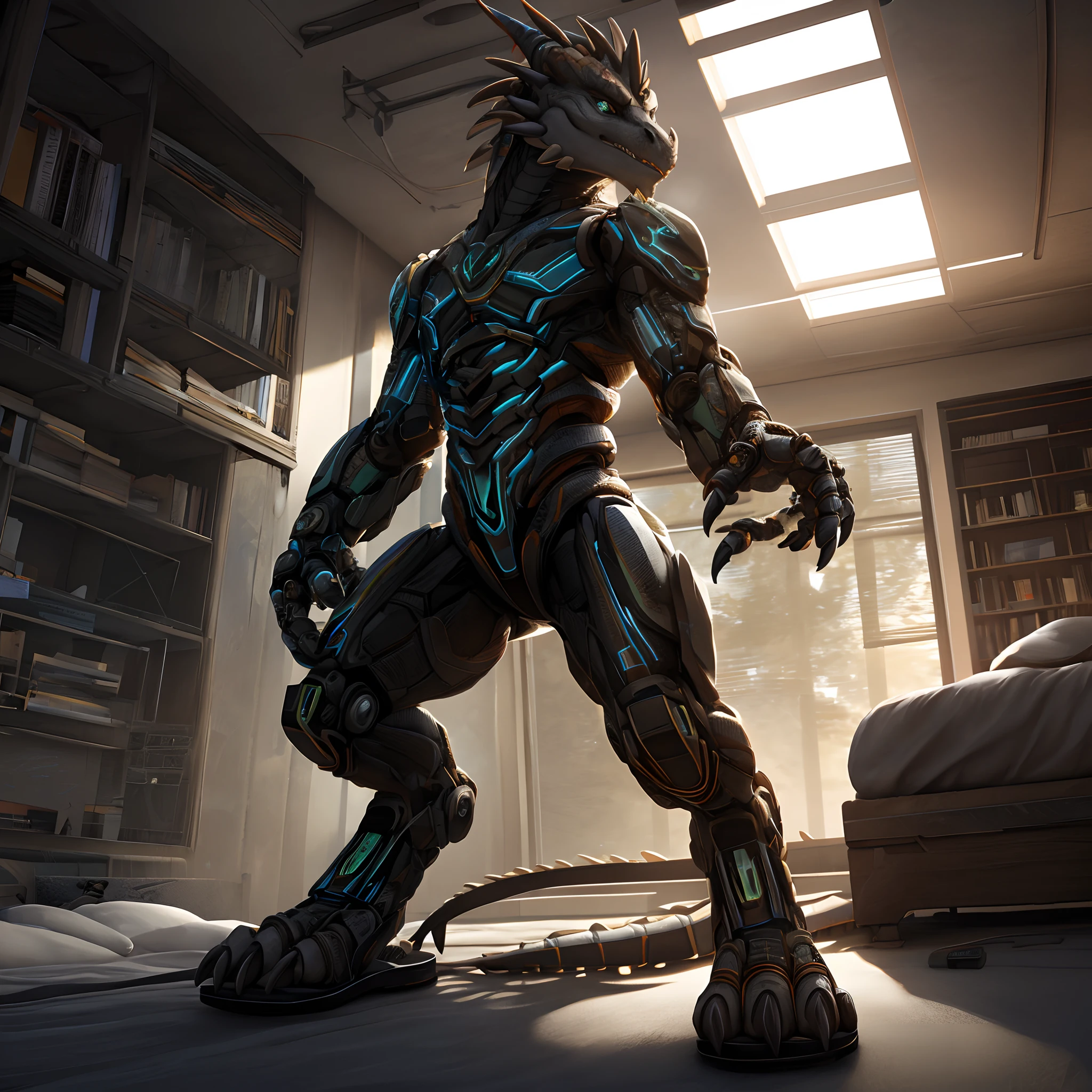 An advanced bionic mech, cybrog, anthro, dragon, female, full body, Delicate face, Delicate eyes, 1 tail, (glowing LED), energy, digitigrade,Inside sat on the bed in the apartment, extremely detailed CG unity 8k wallpaper, realistic, masterpiece, highest quality, lens flare, unreal engine, trending on ArtStation, Intricate, High Detail, dramatic, realism, Sandals