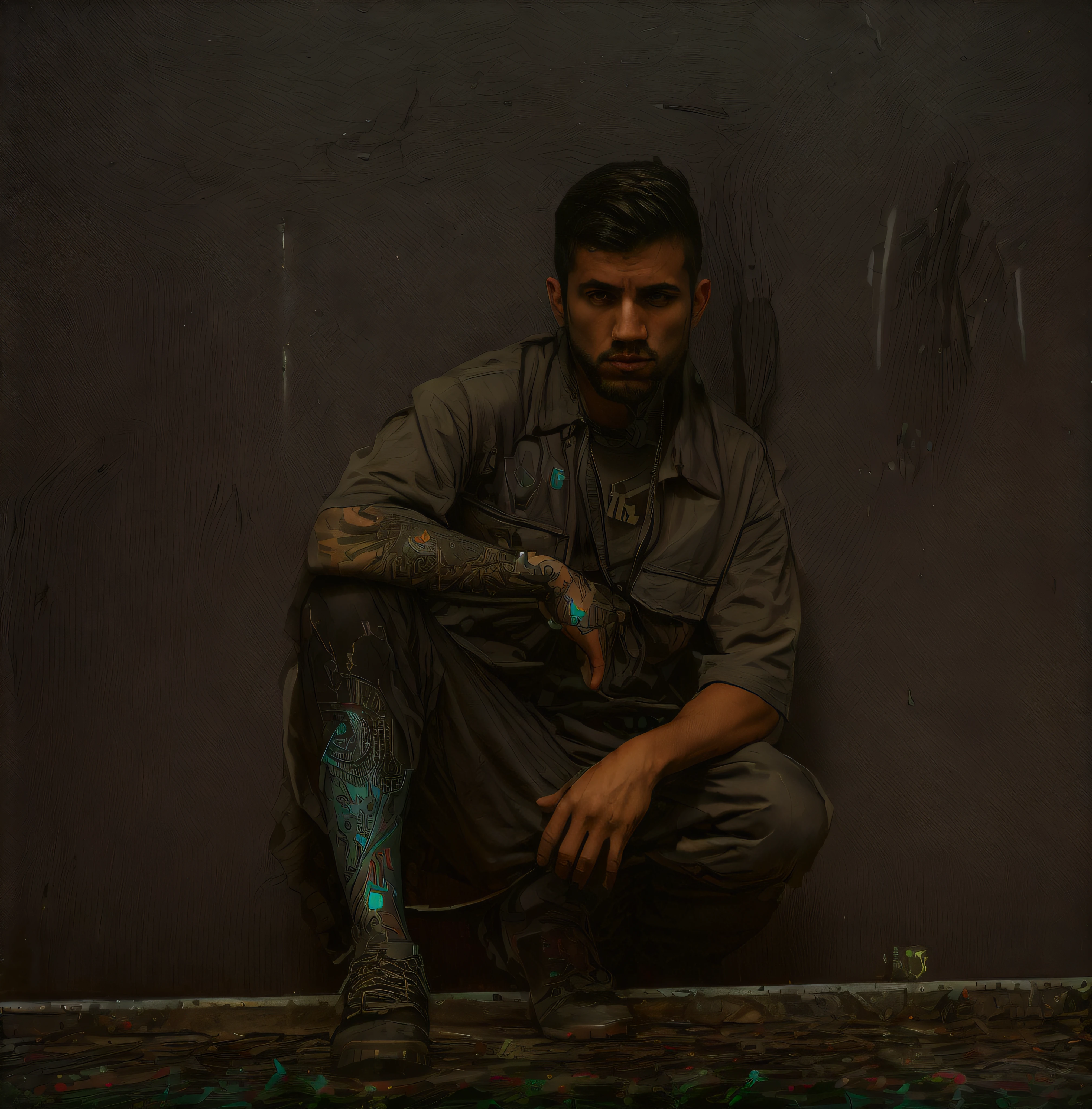 Homem sentado na lua , Raphael Personnaz, Diego Dayer, andrew gonzalez, inspirado em Carlos Berlanga, Cristiano Orrillo, Estilo de Seb McKinnon, Coberto, ástor alexander, inspirado em Nathan Oliveira, Darius Zawadzki, homem tatuado, inspirado em Maximilian Cercha