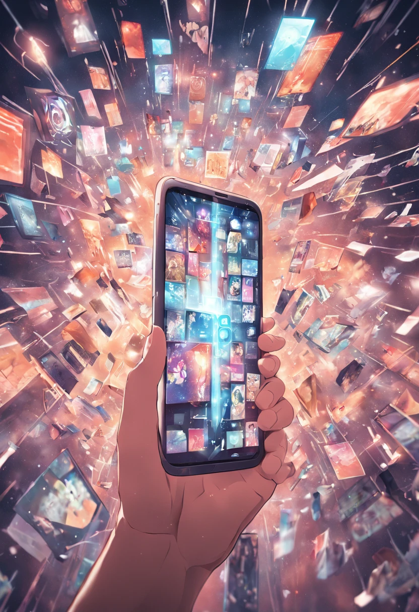 someone holding a smart phone with a lot of different images coming out of it, photo - shot, snapshot, photo render, digitally enhanced, digital media, the image is futuristic, visuals, technological screens, amazingly composed image, information, high quality picture, technologies, high quality image”, technological, digital screens, a picture, take control of your data, virtual, enhancee