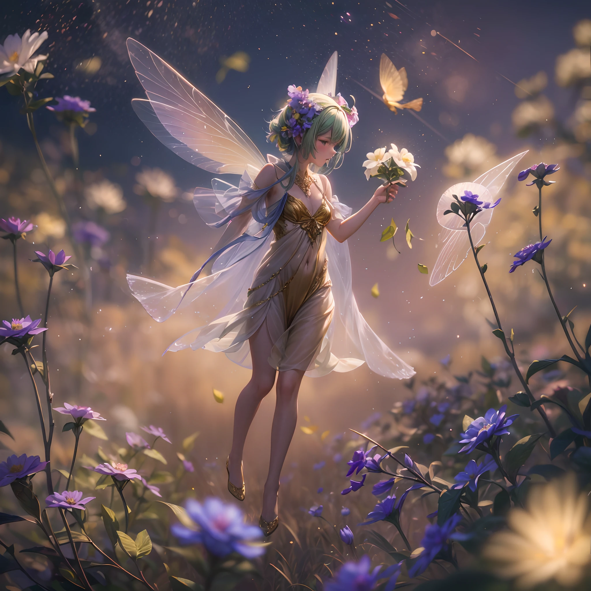 1 Flower fairies flying in the air，full bodyesbian，in a panoramic view，Multicolored transparent wings，Soft light，Bokeh，tmasterpiece，Ray traching，Cinematic lighting effects