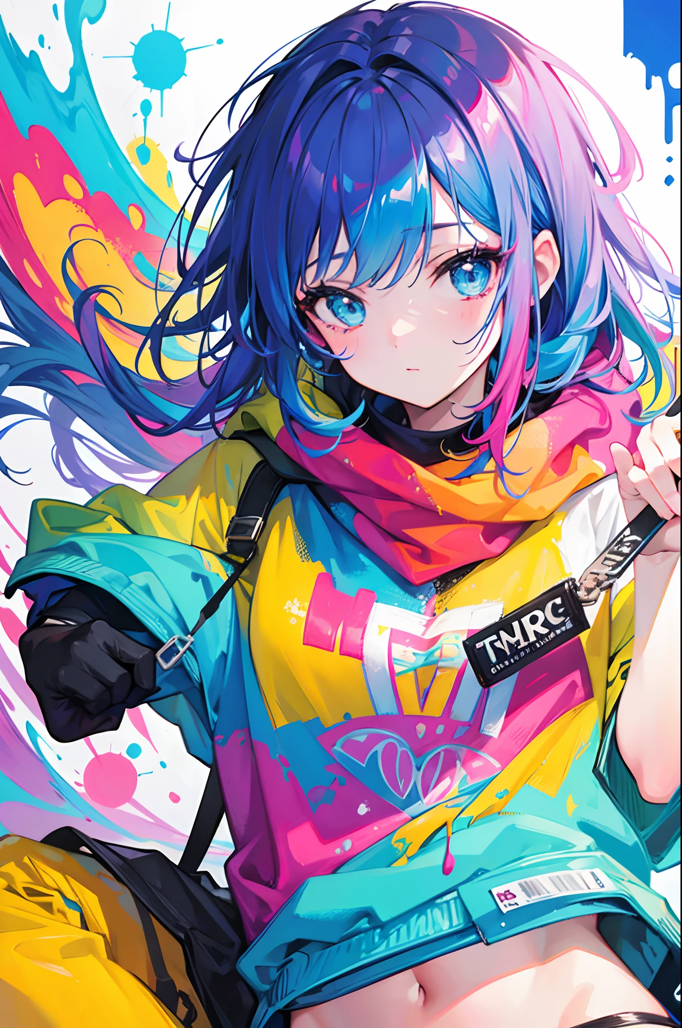 "1 girl, artistically messy, completely covered in vibrant paint."