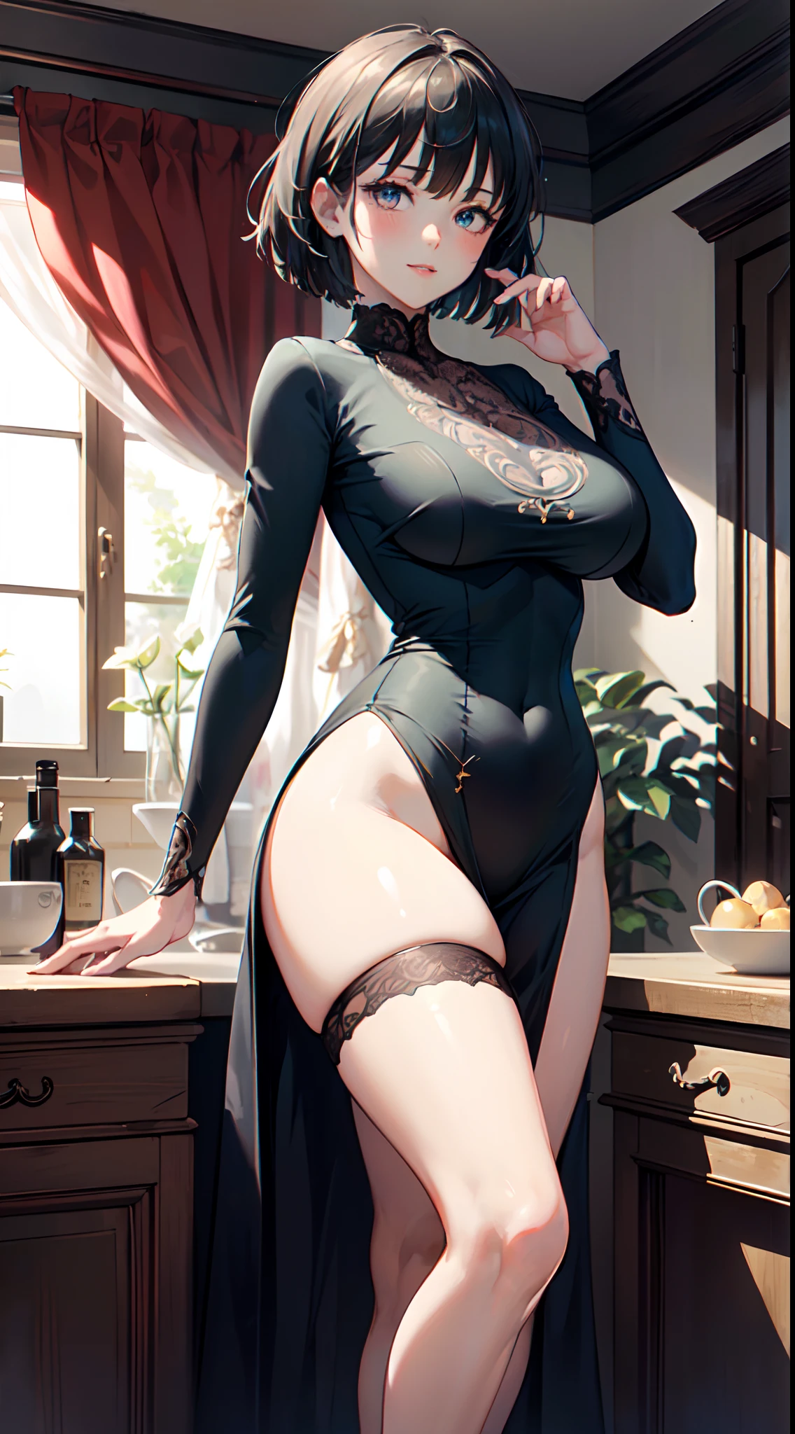 ((((masterpiece, best quality, high resolution)))), 1girl, bob cut, short wavy hair, blush, light smile, parted lips, glow, thighs, narrow waist, (masterpiece), (beautiful detailed face, beautiful detailed eyes), wide hips, (large breasts: 1.2), tight dress