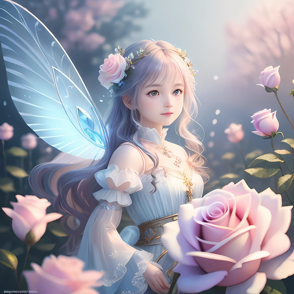 1 moon,Beautiful transparent flower fairy , Transparent colorful wings, The wand flutters in the wind、The wand flashed with starlight,Golden wand,Beautiful blue sky and white clouds、Girls have transparent wings、kindly smile、Beautiful garden background、Gentle and transparent,anatomy correct, Delicate pattern,Pink rose space, Soft lighting, ( Bokeh),Masterpiece, Super detailed, Epic composition, Highest quality, 8K,Epic romantic fantasy digital art,Epic fairy tale fantasy digital art,Mythological fantasy,UHD resolution,Detailed detail drawing,realisticlying,Very realistic,cinmatic lighting,an award winning photograph,rich colours,hyper realistic lifelike texture,dramatic lighting