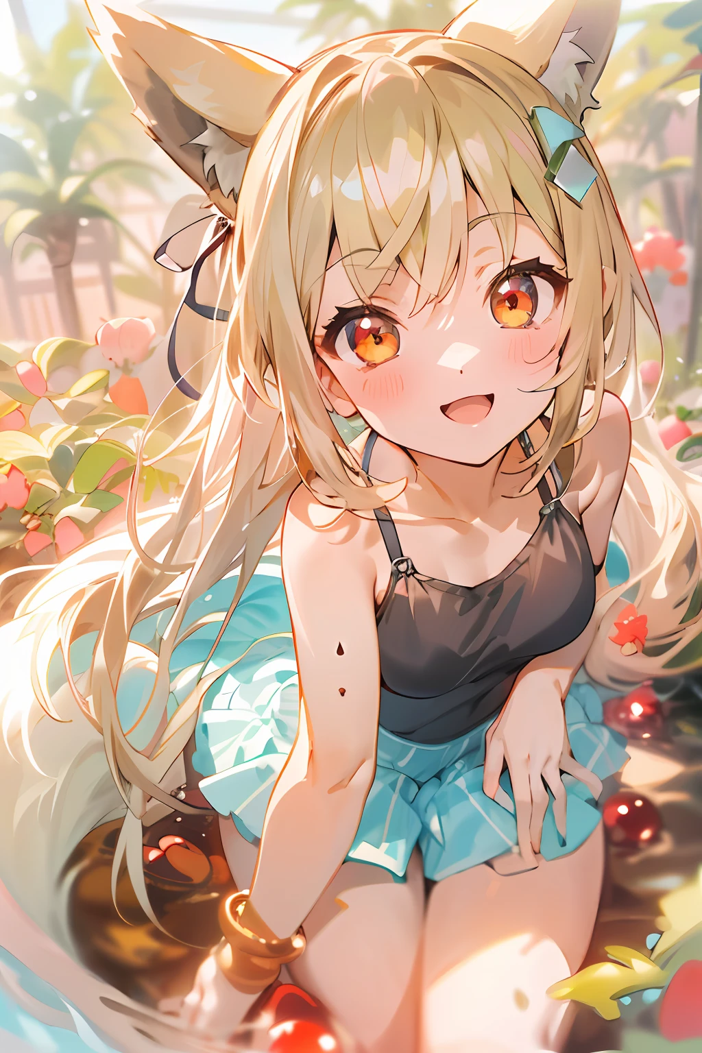 absurderes, A high resolution, (illustratio: 1.3)、 ((masutepiece)), anime big breast、((Best quality)), (Ultra-detailed), ((Extremely detailed)), (Beautiful), ((kawaii girl)), (Lori:1.7), 独奏,(12year old:1.6)、Beautiful face、full body Esbian、Pale and transparent skin、Red glowing eyes、Long blonde hair、gently smiling、maikurobikini、shores、Under the summer sun、sexyposture、low angles，Fox ears，nine tail fox，ellegance，red wine，JK