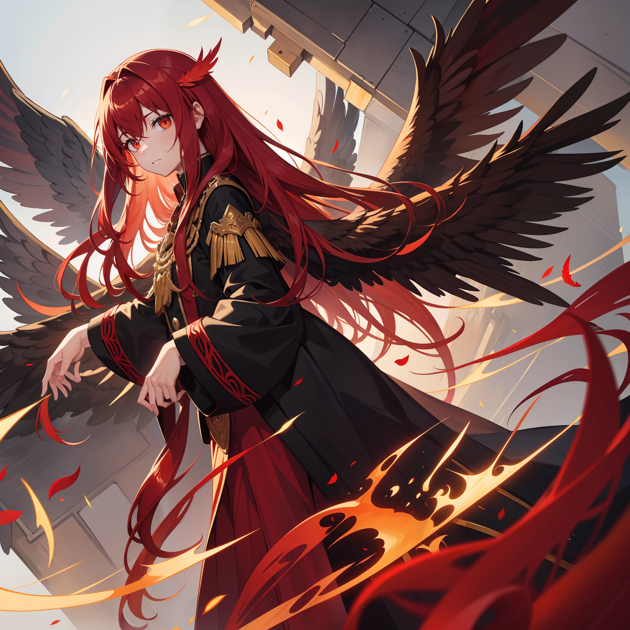 Long light red hair,Like fire,Golden eyes,black school uniform,Crimson feathers surround like wings,The sky fell,Eyes that are not afraid of everything,There is a hairpin on the head,
