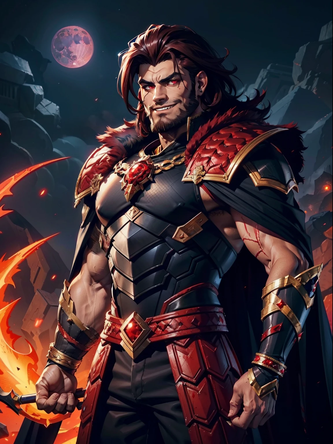 Dark night blood moon background, Hades style, game portrait. Sadurang from Marvel, hunk, buffed physics, short mane hair, mullet, defined face, detailed eyes, short beard, glowing red eyes, dark hair, wily smile, badass, dangerous. Wearing full armor with red dragon scales, cape of furs.  Breath fire.