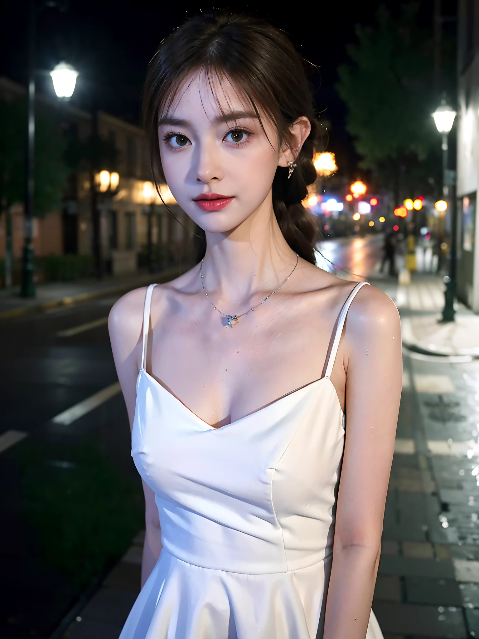 ((Realistic lighting, best qualtiy, 8K, tmasterpiece:1.3)), sharp fokus:1.2, 1 cute girl, Beautiful Women with Perfect Figure:1.4, Korean star face,White skin of the,Slim abs:1.1, ((dark brown hair)), (Fashion,Stylish white dress:1.4),(exteriors,during night:1.1),Ice cream in hand,the city street,Ultra-fine face,Fine eyes,二重まぶた,