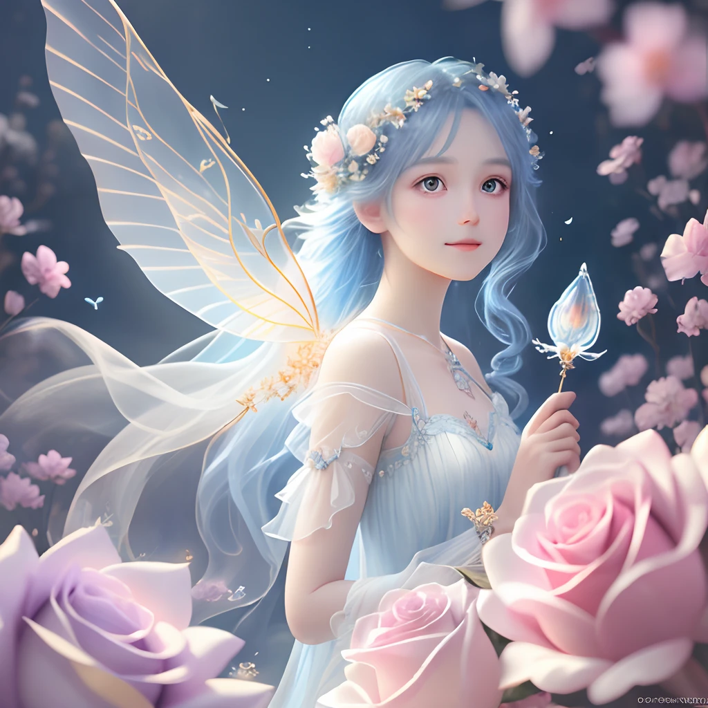  White haired fairy wears a pink transparent sparkling diamond dress、In the sky，livestock，Long Legs，symetrical wings, magic ，Cherry blossom petals flying background ， Cherry blossom petals float in the air ，（（（ Cherry blossom petals falling to the ground ）））（（Soft tones））（ best quality））， （（ intricate details ））， （（ surrealism））（8K）