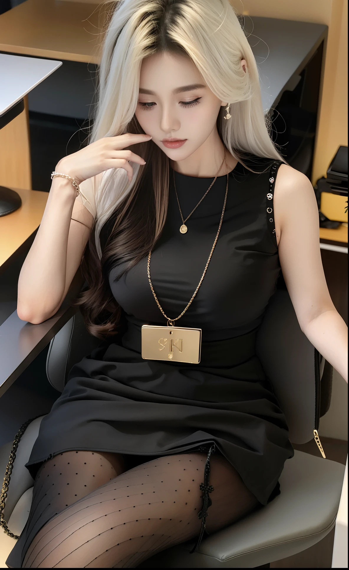 (8k, RAW photos, top quality, masterpiece: 1.2), (realistic, photorealistic: 1.37), (High Quality), (Ultra realistic), (High Details), (Face detail), (Shadow Detail), (( huge breasts: 1.5)), ((big butt)), slender abs, slim belly, 1 korea girl, white hair, long hair, red earrings, black shirt, black short skirt, black pantyhose, identification necklace, low lighting, office,