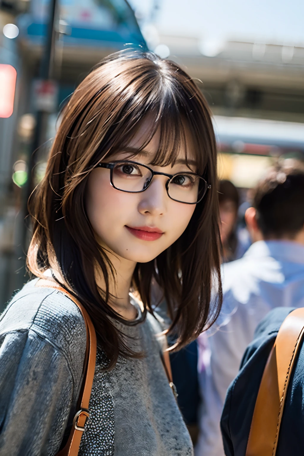 (8K、Raw photography、top-quality、masterpiece:1.2)、(realisitic、Photorealsitic:1.37)、ultra-detailliert、超A high resolution、1人、see the beholder、beautifull detailed face、A smile、Constriction、(Slim waist) :1.3)、short-cut、Beautiful detailed skin、Skin Texture、Floating hair、Professional Lighting、Wait for the platform train、Black-rimmed square glasses 、Whole human body、Brown hair