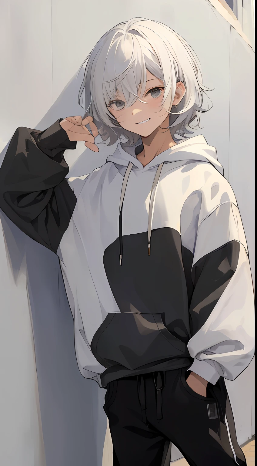 (​masterpiece、top-quality、hightquality)、1 juvenile、a 15 year old boy、(A smile))Look at viewers、white  hair、Straight Hair Medium、fluffy hair、grey  eyes、White hoodie、Black pants、dynamic ungle、lean against the wall