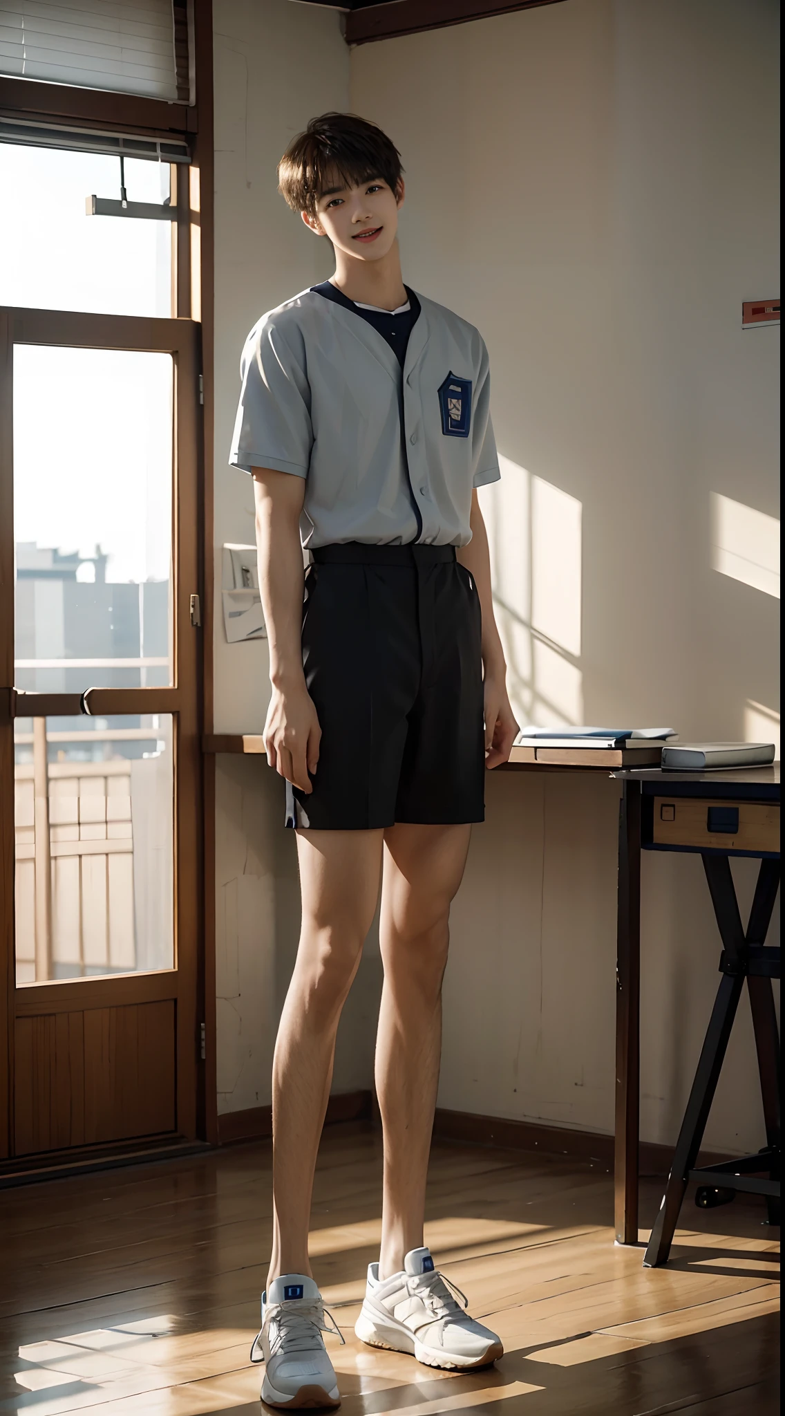 （A 15-year-old junior high school boy stands in a classroom：2），（malefocus），（full bodyesbian）Height 200 cm，Slender legs，der riese，Tall guy，Tall，broad shoulder，Shota，Round face and pointed chin，（The face of the animated male protagonist），Happy smile，tilts your head，Men's baseball uniforms，Boxer panties，Messy bangs，Eyes widen，orthofacial，athletic sneakers。and the sun was shining brightly，‎Classroom，ultra-realistic realism, (Photorealistic detail), Incredible accuracy, lifelike textures, masterful technique, Jaw-dropping precision, artistic dedication，（anatomy correct），Good lighting，exquisite detailing，Best quality，stunning masterpiece，CG，（Colored screen）