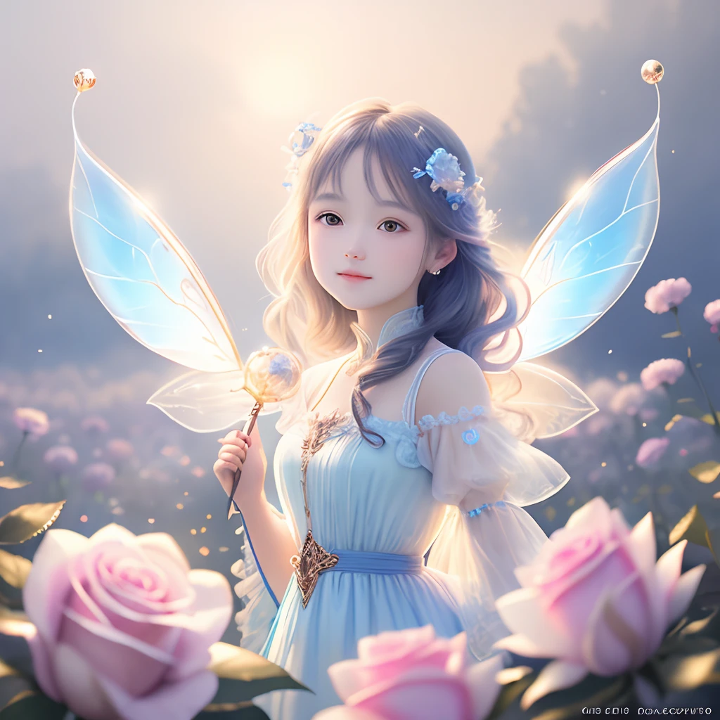 1 moon，Beautiful transparent flower fairy baby, Transparent colorful wings, The wand flutters in the wind､The wand flashed with starlight，Golden wand，Beautiful blue sky and white clouds、Girls have transparent wings､kindly smile､Beautiful garden background､Gentle and transparent，anatomy correct, Delicate pattern，Pink rose space, Soft lighting, ( Bokeh)，Masterpiece, Super detailed, Epic composition, Highest quality, 8K，Epic romantic fantasy digital art，Epic fairy tale fantasy digital art，Mythological fantasy，UHD resolution，Detailed detail drawing，realisticlying，Very realistic，cinmatic lighting,an award winning photograph,rich colours，hyper realistic lifelike texture，dramatic  lighting