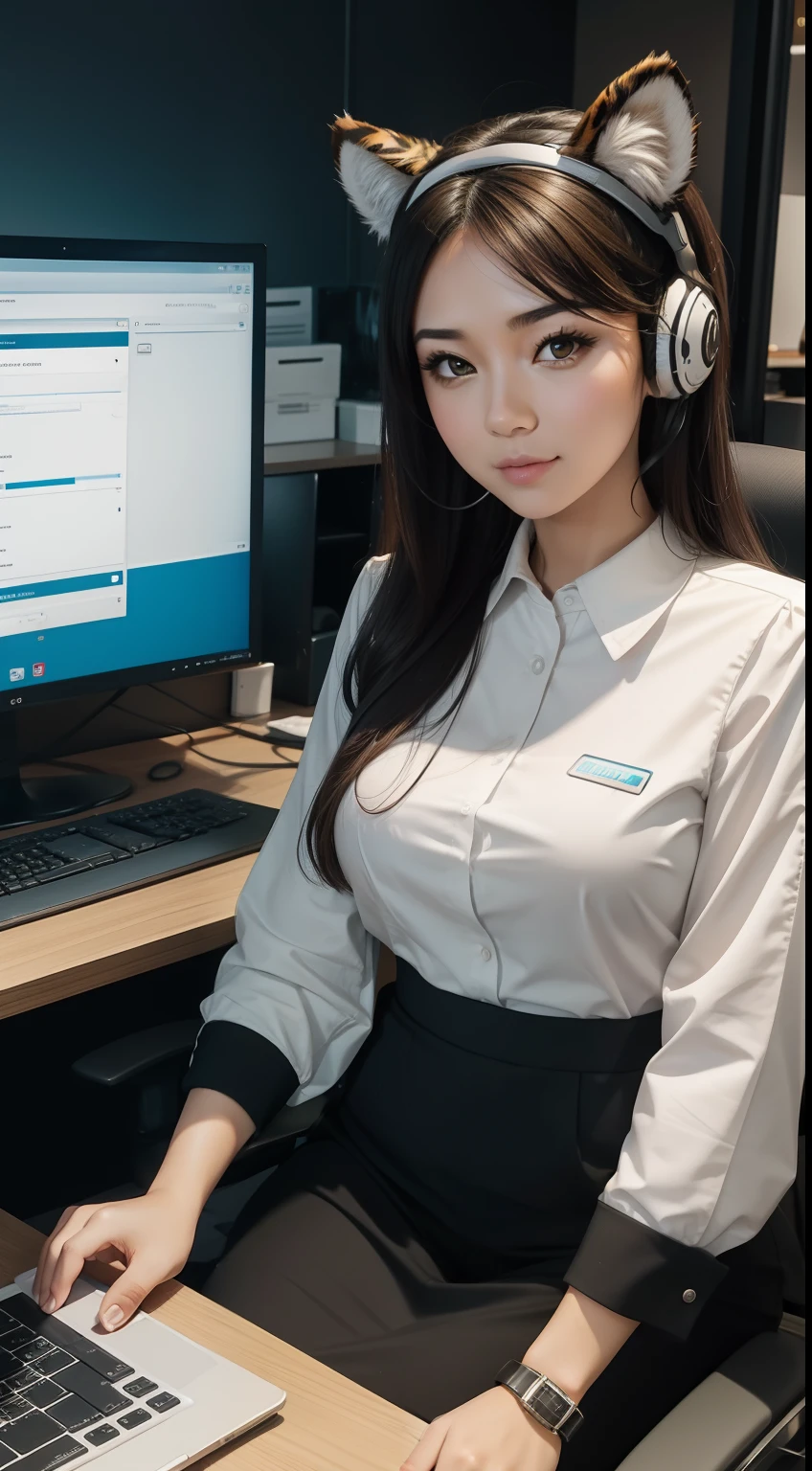 beautiful female office staff, working in the office, tiger ears, computer background, matrix run on the screen, cute