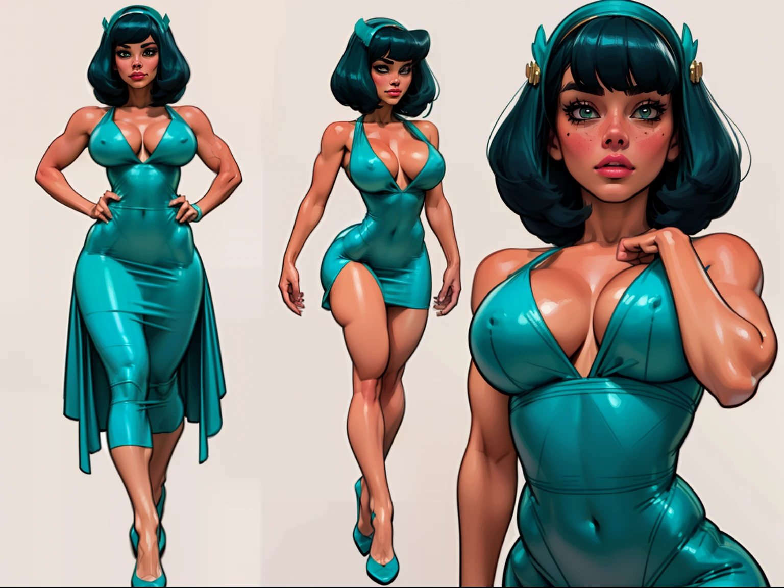 ((masterpiece)),(((best quality))),((character design sheet)), ((full body view)) illustration,1girl, muscular, ((tight mintgreen dress:1.2)), buttercup, (mintgreen hairband), dark black hair, greendress ((detailed face:1.4)) beautiful woman, medium bobcut, (black corset:1.1)shiny skin, scribbles and marks, , rough sketches, pose, 8k,16k, (simple background, white background: 1.3)