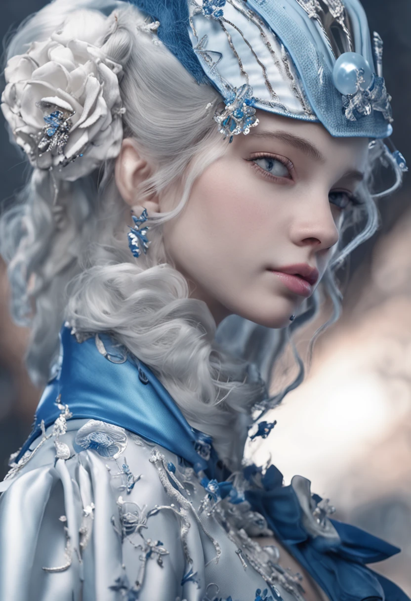 （Masterpiece，Best quality，Ultra-detailed）（Detailed background，Beautiful detailed face）teens girl，black leg rings，Blue top hat，white color hair，blue gradient hair，Blue and white heteropupils，White gloves，Blue tuxedo，Blue bow at waist，short white pants，noble，ellegance