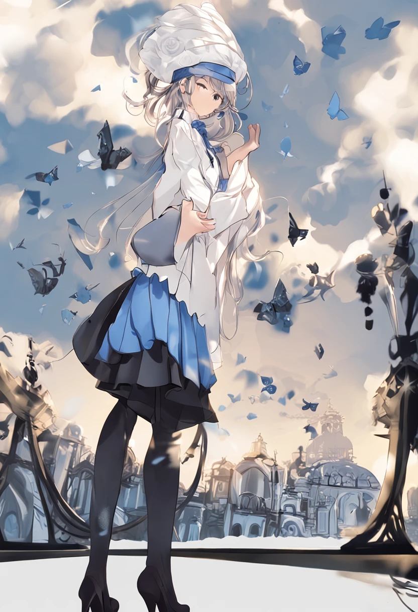 (Masterpiece,Best quality,Ultra-detailed)(Detailed background,Beautiful detailed face)s girl,black leg rings,Blue top hat,white color hair,blue gradient hair,Blue and white heteropupils,White gloves,Blue tuxedo,Blue bow at waist,short white pants,noble,ellegance